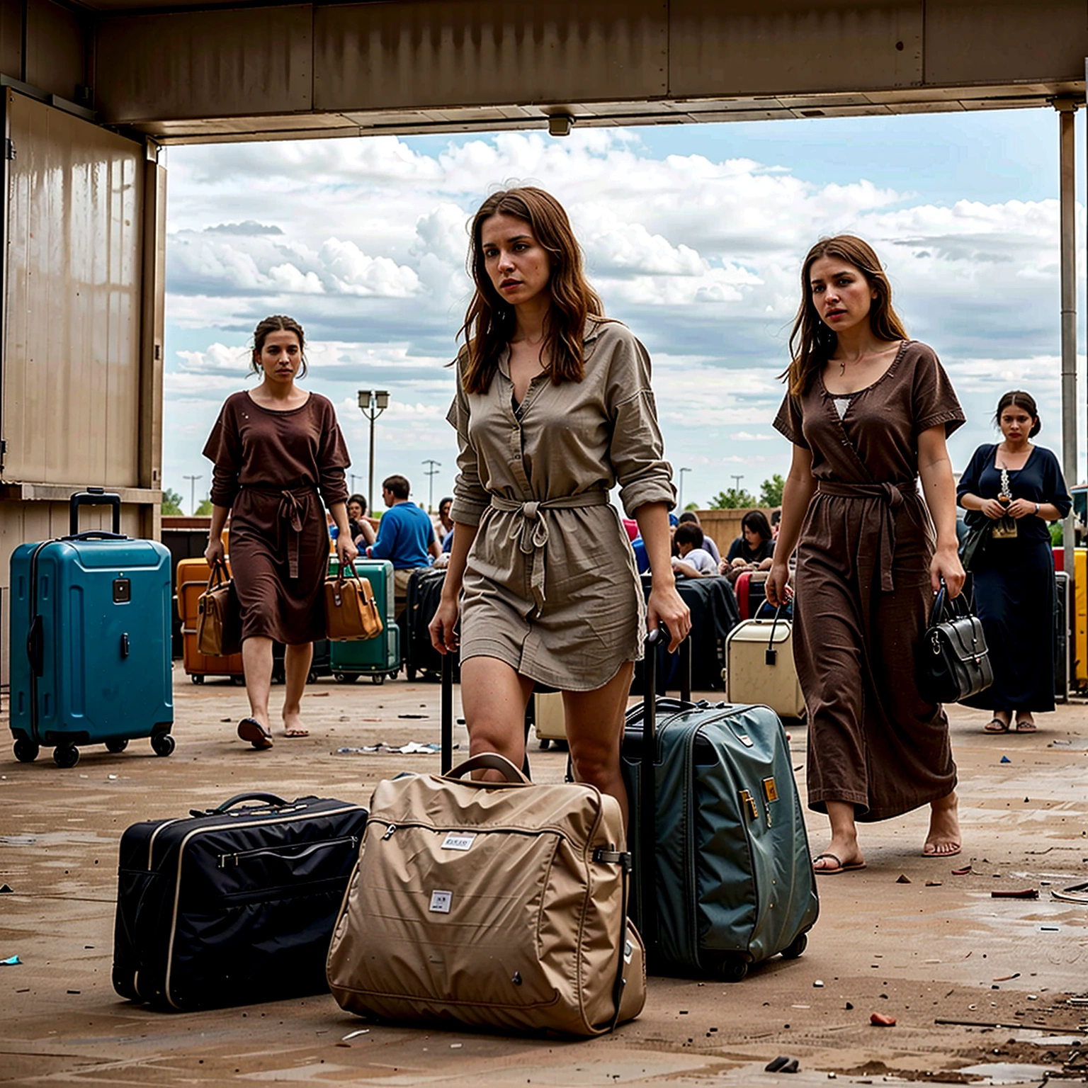 large group of people immigrating from a region... arid, dry place, people with suitcases, bags, torn clothes, among the people many women and children - air of desolation - realistic image, strong colors, in terracotta tones - vision of top 4k resolution, full of details
