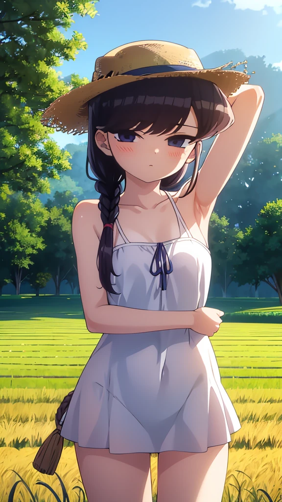True Face stand alone afternoon bright from the front straight Low length Cowboy Shot Place your arms behind your head countryside Beautiful views Straw hat Please show me your armpit hair beauty blush Summer evening Paddy field Place your hands behind your head About elementary school students Swimsuit only