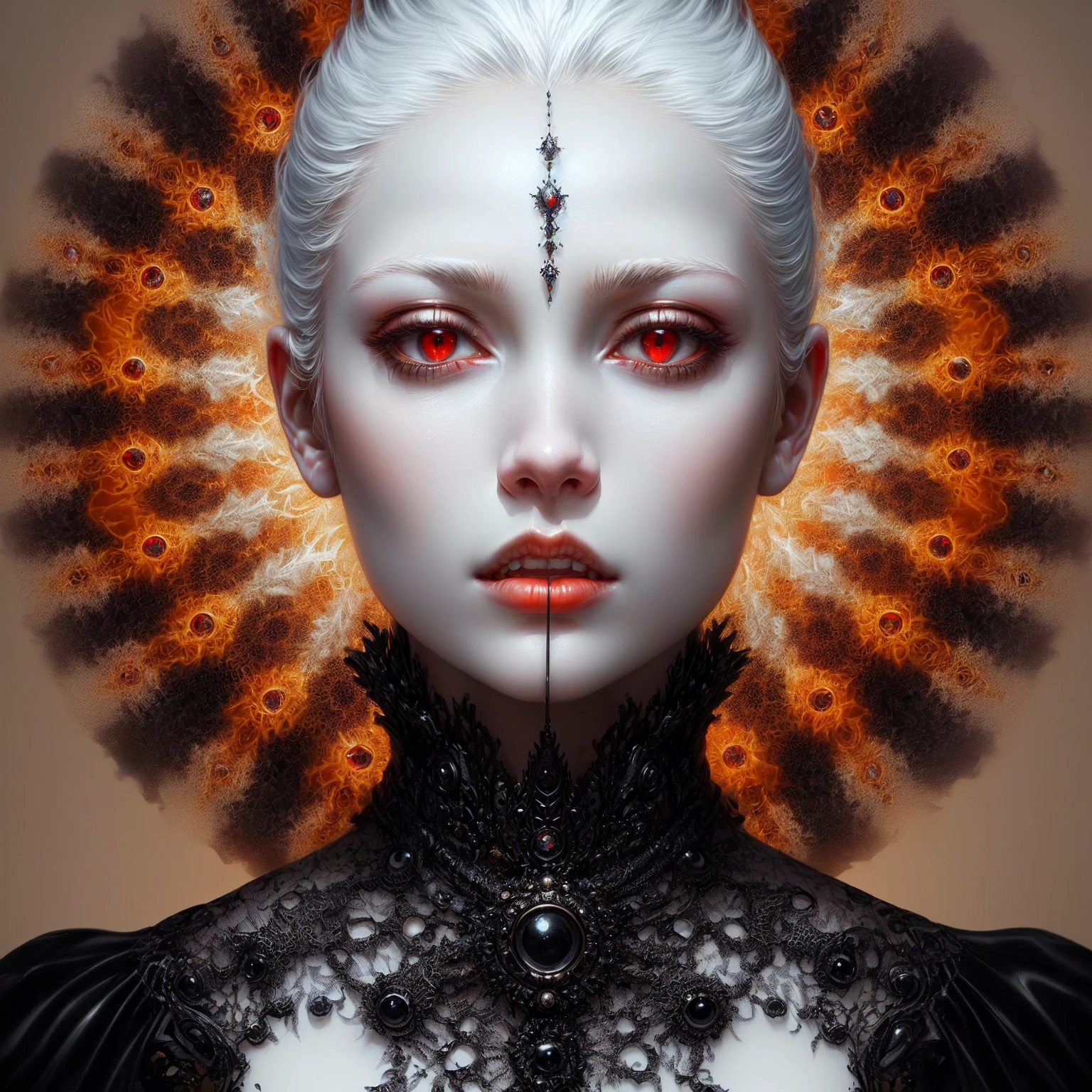 portrait of a white haired woman with red eyes in front of a fractal background, masterpiece, best quality, (Extreme detail CG Unity 8K wallpaper), (best quality), (beste Illustration), (Best Shadow), most absurd, Realistic lighting, (abyss), Beautiful, detailed lighting, art by PeterMohrBacher,