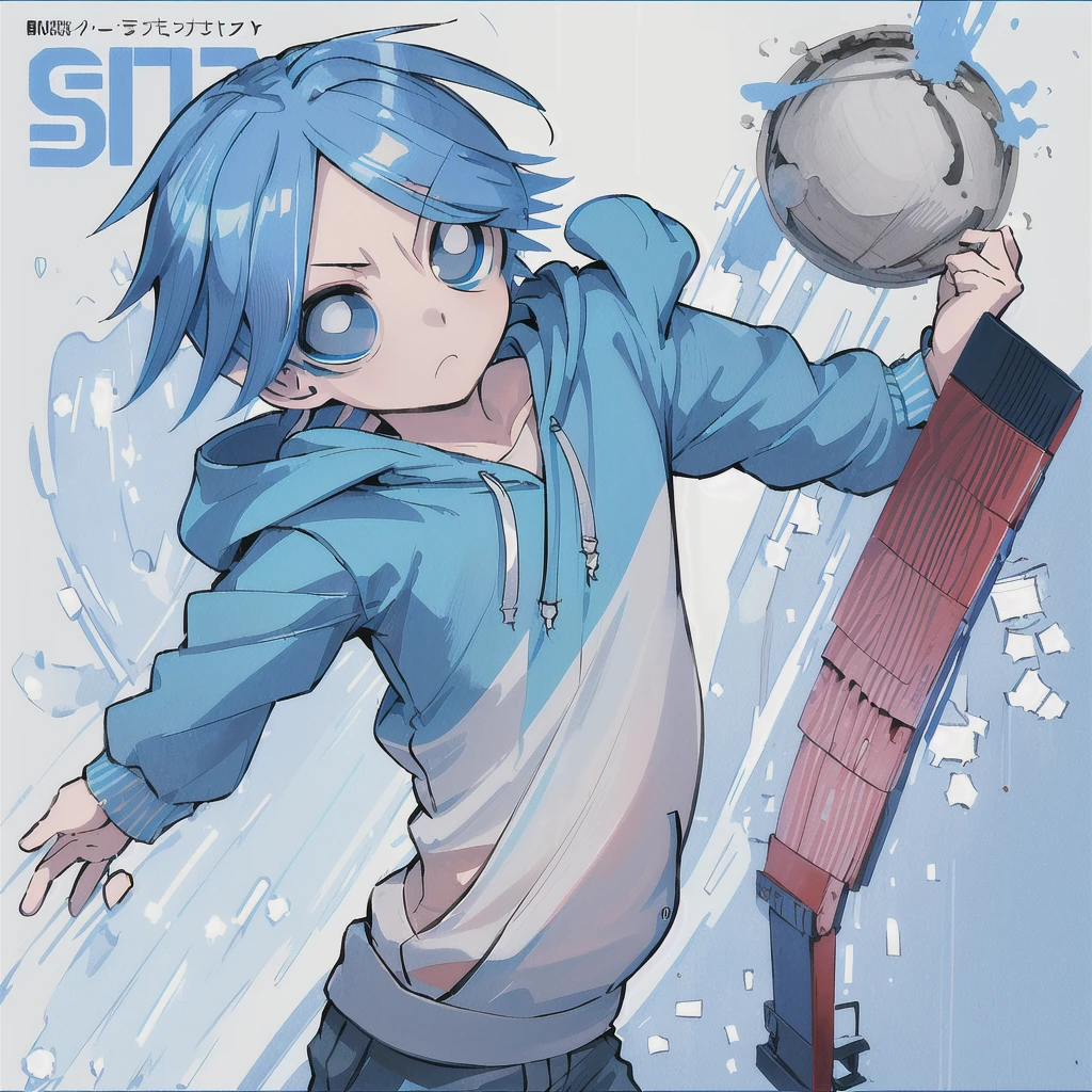 ((1boy), chibi, full body, 1boy, blue eyes, blue hair, blue hoodie, (Boy Messy Japanese Round Haircut for Thick Hair), simple background, (solo)), (magazine:1.3), (cover-style:1.3), fashionable, (masterpiece, best quality, high quality, highres, ultra-detailed)