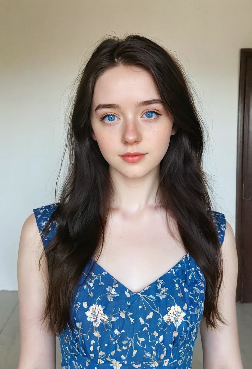 selfie face snapshot, 19 yrs old woman, 1.65m high, dark brown shoulder-length hair, open hair, a strand of hair on the face, blue eyes, standing, sandals, blue dress, perfect face, (Kontakt Iris: 1.1), pale skin, some skin blemishes, several birthmarks, skin pores, low depth of field, soft light, low light, masterpiece, 8K