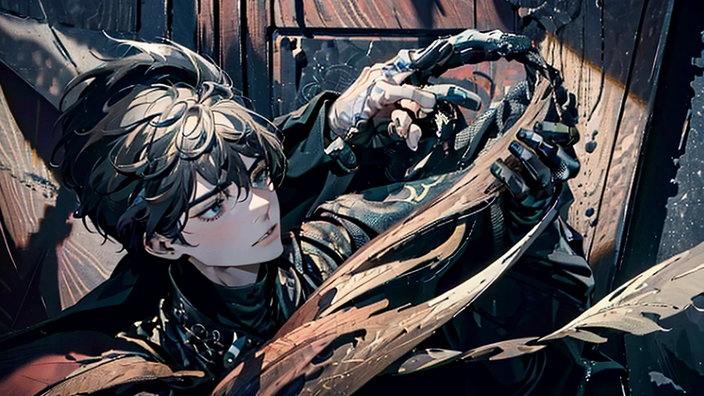 best quality, Masterpiece,Picture quality up to 8K, ภาพHigh quality,(((Masterpiece))), (((best quality))), Sharp picture, Awesome details，High quality，Masterpiece, Sharp facial details ,Face quality up to 8K，1 man, alone, black hair, short hair, blue eyes, black shirt,black bulletproof vest, handsome , metal cuff, black gloves, High Boots, black gloves, HK gun, look at viewer, fantasy art, beautiful paintings, Guvaika style, Excellent and neat character art, Amazing characters,muscle.