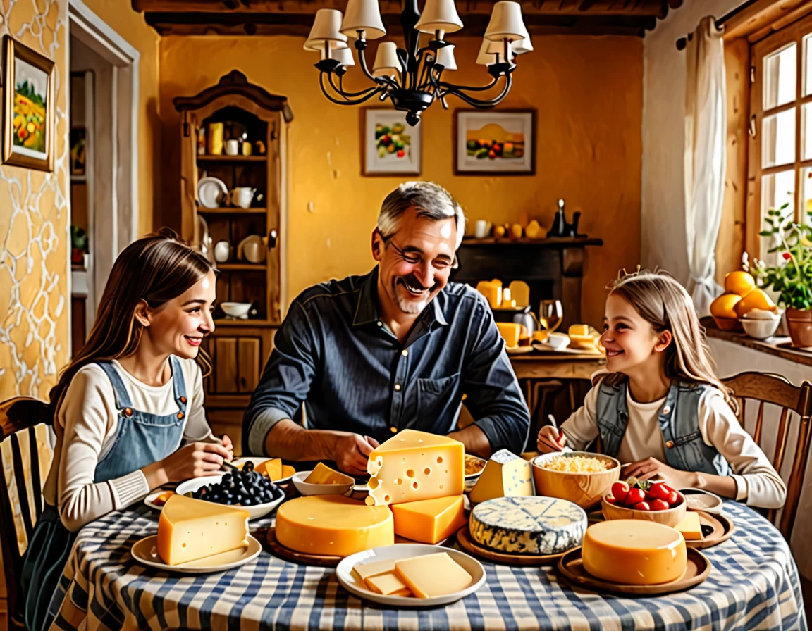 Family ((adult man and woman who are (over 45 years old)) and ((children boy and girl (12 years old each))) sitting at the table with food, Eating cheese, Warm and happy atmosphere, Good morning, Family dinner, delicious, cheese on the table, Noon, realistic