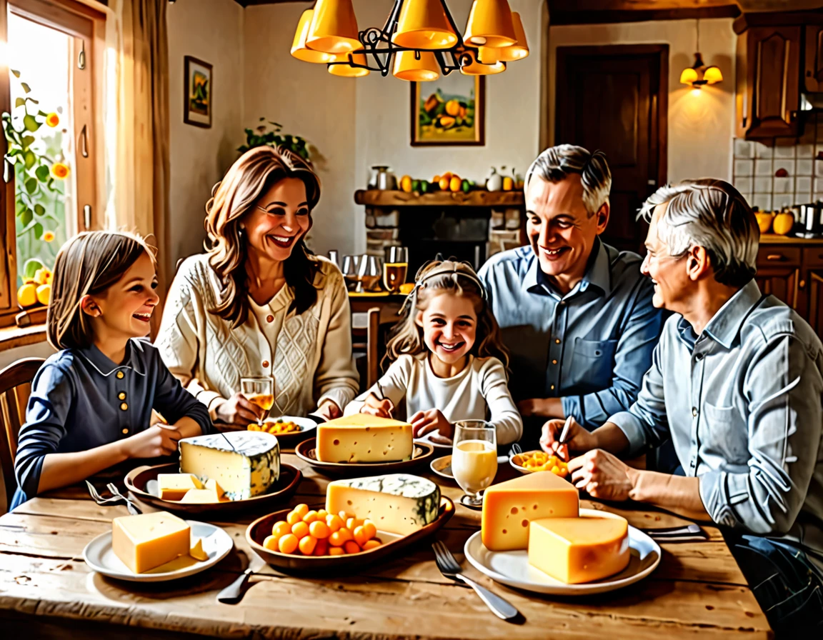 Family ((adult man and woman who are (over 45 years old)) and ((children boy and girl (12 years old each))) sitting at the table with food, Eating cheese, Warm and happy atmosphere, Good morning, Family dinner, delicious, cheese on the table, Noon, realistic
