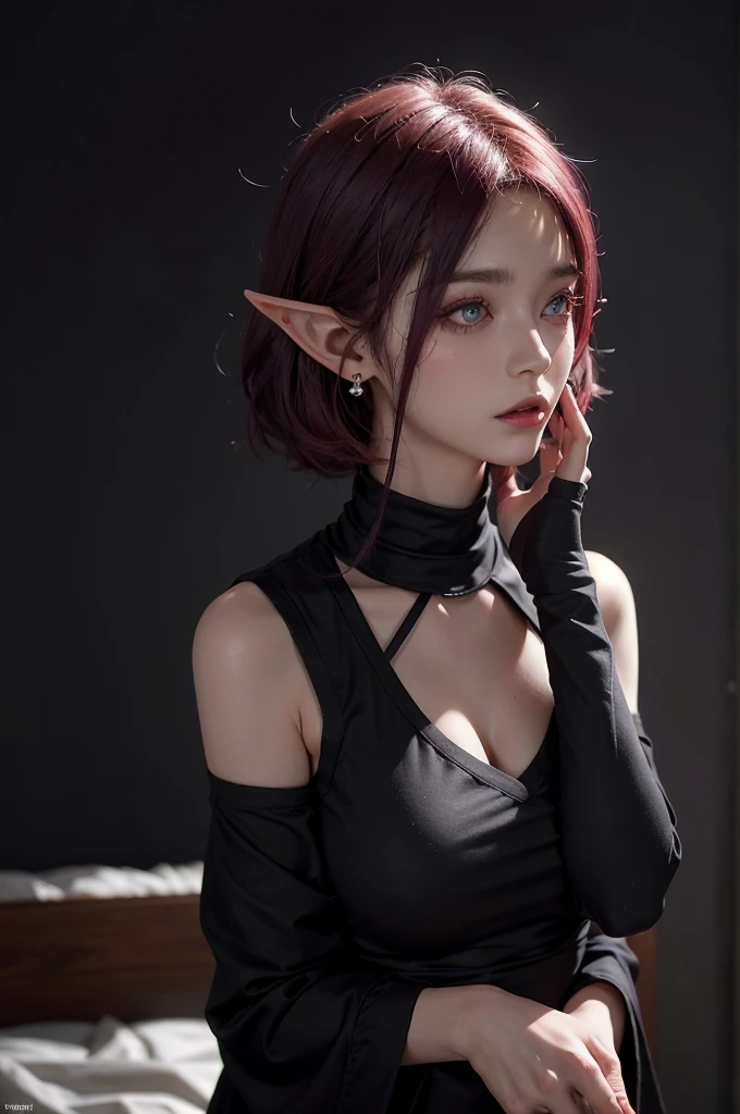 Elegant elf girl wearing a Victorian black lace corset, gothic, Looking at Viewer, Cinematic lighting, Perfect, softlight, High resolution skin, Realistic skin texture, 20 years old woman, (succubus)、a small face、, heart necklace, earrings, Blue eyes, (Short hair, bright red hair), Gray background、(style of John Collier:1.2), art by Oda Non