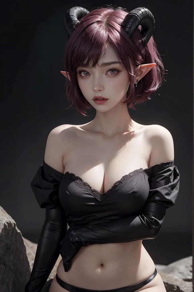 a 20 yo woman, red-purple hair, short hair, black eyes, elf ears with earings, sheep horns, dark theme, soothing tones, muted colors, high contrast, (natural skin texture, hyperrealism, soft light, sharp)