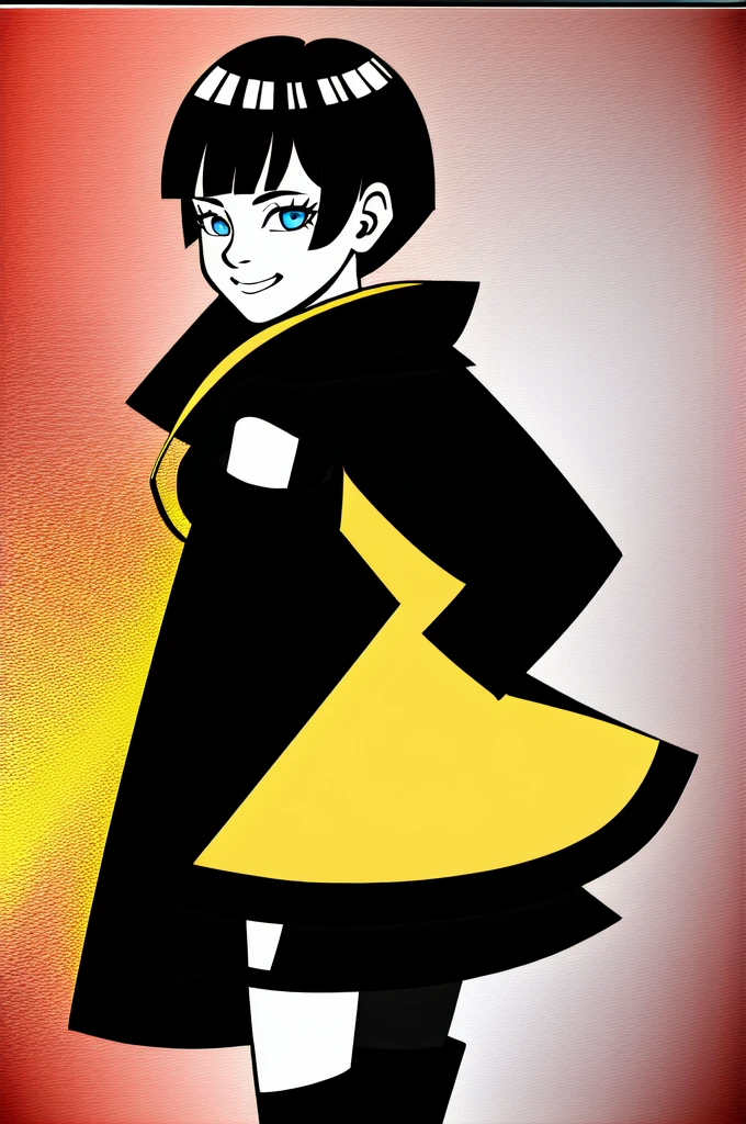 uzumaki_himawari, (masterpiece: 1.2), (absurdres: 1.2),(best quality: 1.2), (young girl), (lines on face), short black hair, blunt bangs, blue eyes, ((yellow hoodie, pink skirt)), black thigh highs, smiling, ((solo)), cowboyshot, selfie, standing, classroom, chalkboard, anime screenshot,