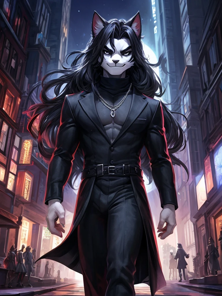 Ross Tran, ruan jia, trending on artstation, Male, (Male anthro cat:1.3), (Black fur with white fur patterns:1.1), (walking towards viewer:1.3), (Foggy night city:1.23), (Smirk expression:1.3), detailed eyes, black nose, (detailed eyes), (sharp white eyes), detailed background, 8k hd, (dark shadows, wide dynamic range, hdr, low light:1.2), (Skinny physique), slight black eyeshadow, (Long wavy black hair), (black long coat, black turtleneck, silver necklace, black dress pants), ((Gothic)), dynamic pose