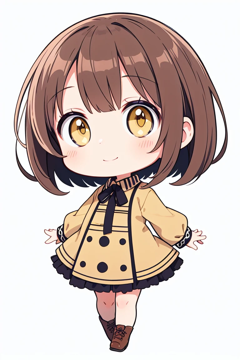 chibi, flat color, solo, full body, cute, (highest quality), Walnut color hair, yellow eyes, Beautiful Eyes, smile, yellowish brown clothes, white background, (masterpiece)