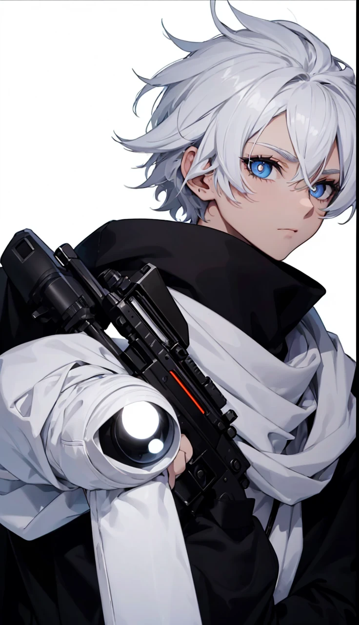 Boy with white hair;
shorth hair;
Messy hair;
eye white;
Some gun sight marks on the pupils;
wear black pants;
black jersey;
A white sweater;
A white scarf;
Snow white pupils The sniper is also white in color There's a white sniper on the back;
He is lying on the ground aiming with the sniper Right hands Symmetry Best quality No errors
Sniper na mão
((Faça ele segurar uma sniper branca simétrica sem erros e a mão segurando corretamente))