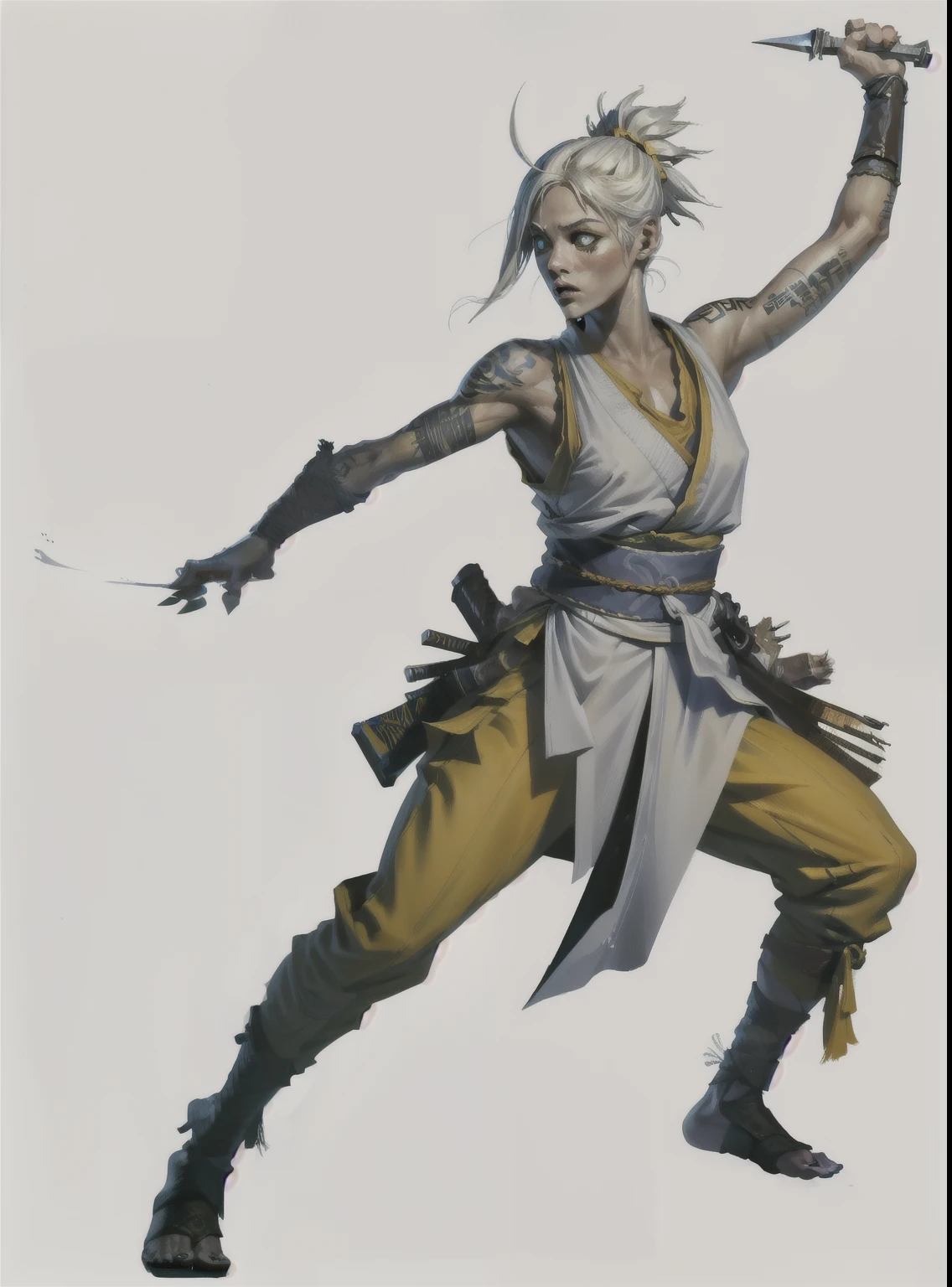 I want a character with a white background, png, full body image, Pulgilist, yellow clothes, white cloths, yellow tattoos, and samurai hair.