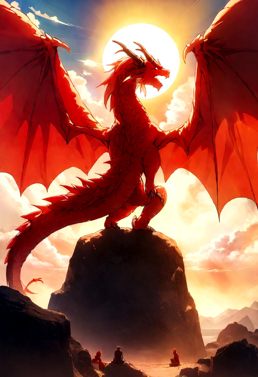 Best quality, 8 k, mythical (((Red Dragon))) with large wings, sitting on a rock with his back to the sun, ((clear day)), scene with clouds, PC Wallpaper, menacing dragon, фэнтези драконhigh quality ДnД illustration, sunlight, Warm tones