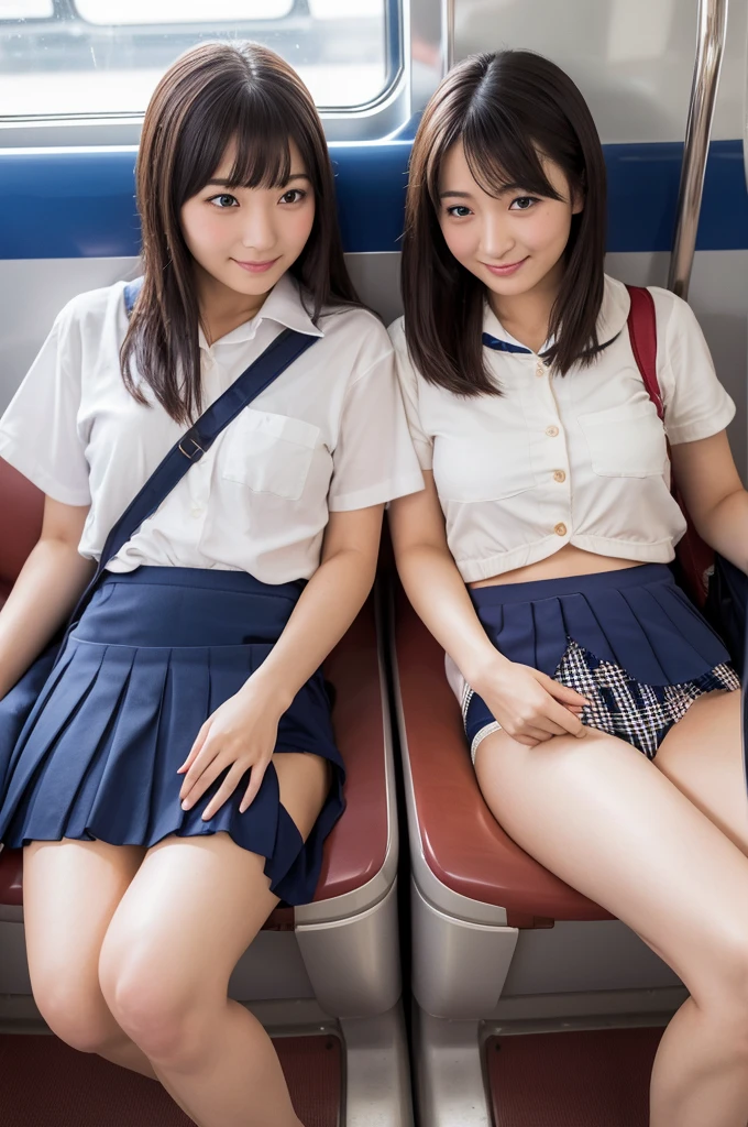 ((Highest quality)),  (detailed), 1 Japan, sexy、ass pov, school girl, in a train, sitting on a seat, (long seat:1.5), Beautiful Skin, Double eyelids, camel toe, navy pleated skirt, spread legs, (exposured panties:1.4), panty pull, blush, (smile:0.8), embarrassed, realistic