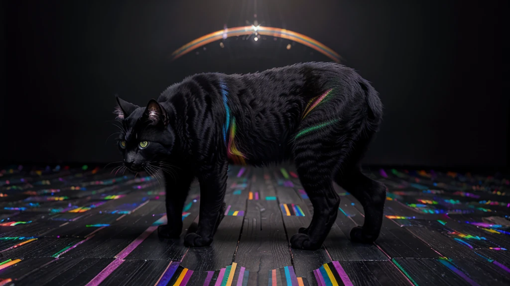 A surreal black and white cat resides within the vibrant, kaleidoscopic landscape of Rainbow Land. The cat, with its sleek, glossy coat, exhibits a contrast against the colorful environment. Its eyes, filled with curiosity, shine brightly as if reflecting the rainbow hues around. The background is a blend of different shades, each representing a color from the rainbow spectrum, creating a dreamy, otherworldly ambience. This high-definition image, rendered in 8K, showcases intricate details such as the cat's solid black form, the smoothness of its fur, and the contrast between its monochrome body and the multicolored backdrop