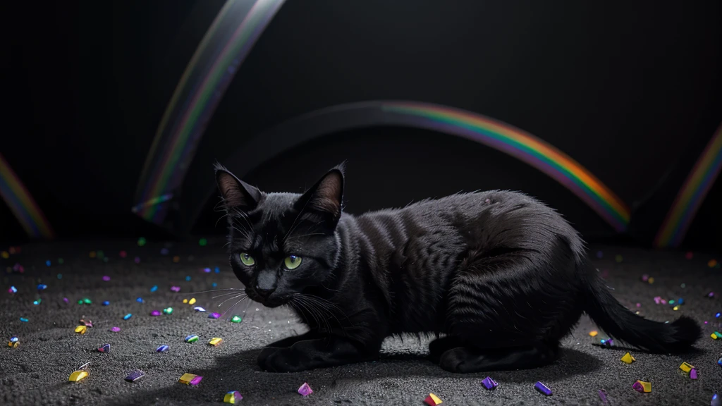 A surreal black and white cat resides within the vibrant, kaleidoscopic landscape of Rainbow Land. The cat, with its sleek, glossy coat, exhibits a contrast against the colorful environment. Its eyes, filled with curiosity, shine brightly as if reflecting the rainbow hues around. The background is a blend of different shades, each representing a color from the rainbow spectrum, creating a dreamy, otherworldly ambience. This high-definition image, rendered in 8K, showcases intricate details such as the cat's solid black form, the smoothness of its fur, and the contrast between its monochrome body and the multicolored backdrop