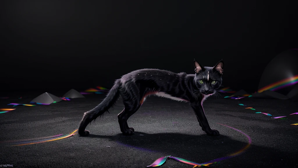 A surreal black and white cat resides within the vibrant, kaleidoscopic landscape of Rainbow Land. The cat, with its sleek, glossy coat, exhibits a contrast against the colorful environment. Its eyes, filled with curiosity, shine brightly as if reflecting the rainbow hues around. The background is a blend of different shades, each representing a color from the rainbow spectrum, creating a dreamy, otherworldly ambience. This high-definition image, rendered in 8K, showcases intricate details such as the cat's solid black form, the smoothness of its fur, and the contrast between its monochrome body and the multicolored backdrop