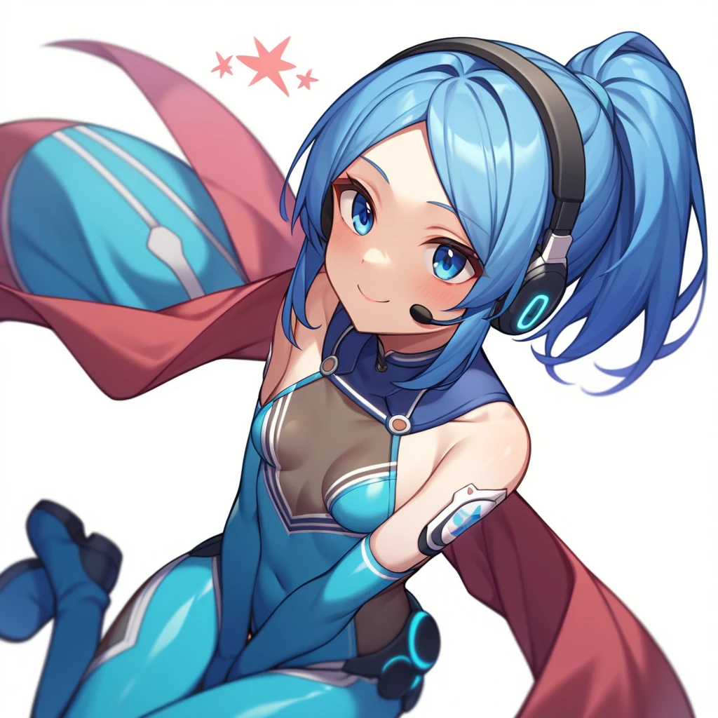 (masterpiece、Highest quality、Highest Resolution、Clear_image、Detailed details、The angle is from above): (A full-body view of a single girl with a Japanese face and small face、Navy blue high knot ponytail、Small breasts、Sparkling blue eyes、Pilot suit in white and navy blue colors、Tight fitting clothes、Clothing that covers the whole body、Tight Fit Pants、Hide your skin、Covering the thighs、Cover your shoulders、Very delicate and beautiful、Slim body、Cute、A gentle smile、Soft expression、heroine、headset、Knee-high boots、Elbow-length gloves)、(Simple Background、White background:1.5)