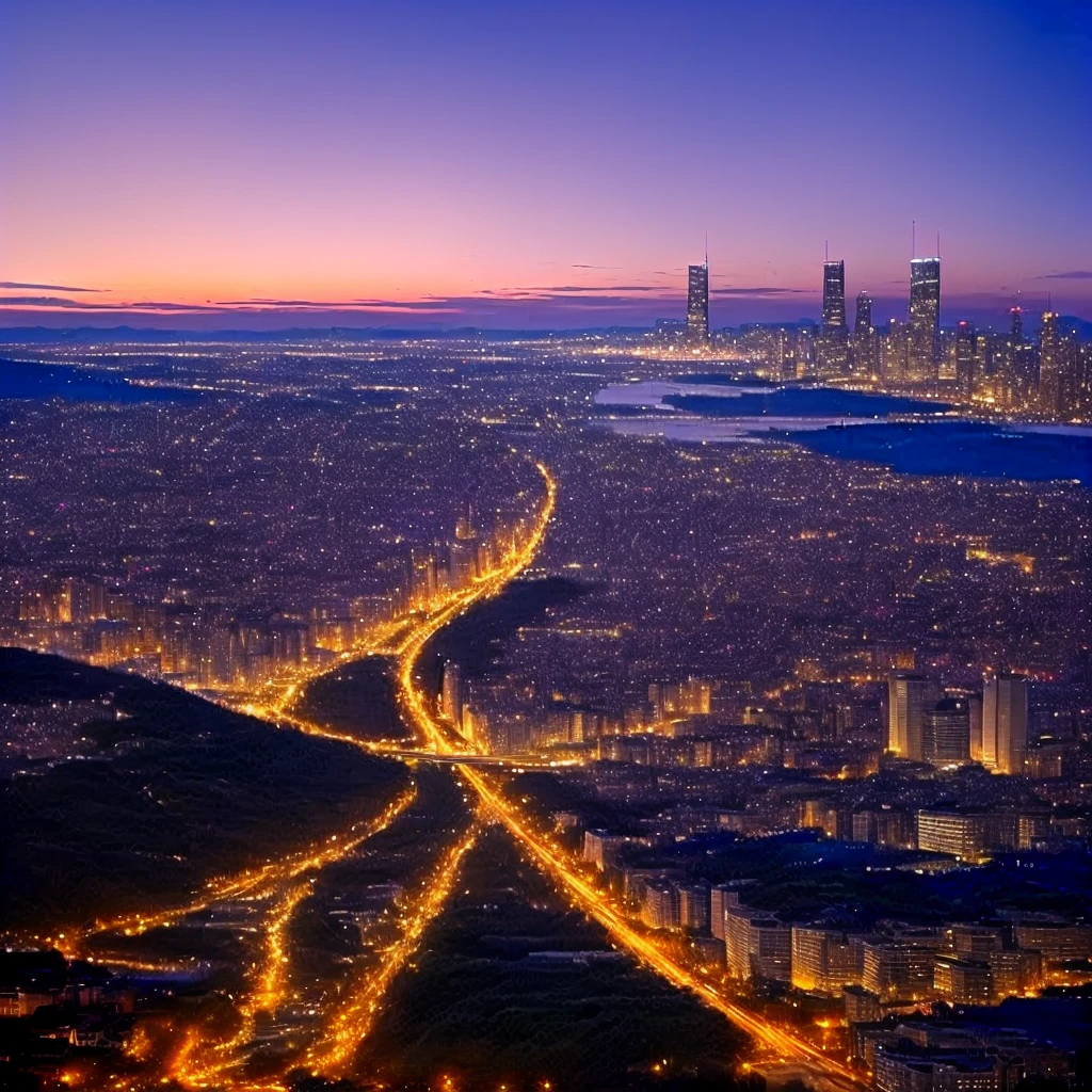 Aerial view of the city and water at sunset, Twilight ; Wide Shot, Blue Hour, Blue Hour photography, 月明かりに照らされたPurple Sky, Night setting, Blue Hour lighting, photography shot at Blue Hour, Blue sunset, Twilight sky, Purple Sky, Twilight skyline, moonlit nightscape, Blue Hour stars, Purple Omnious Sky, Soft lilac sky