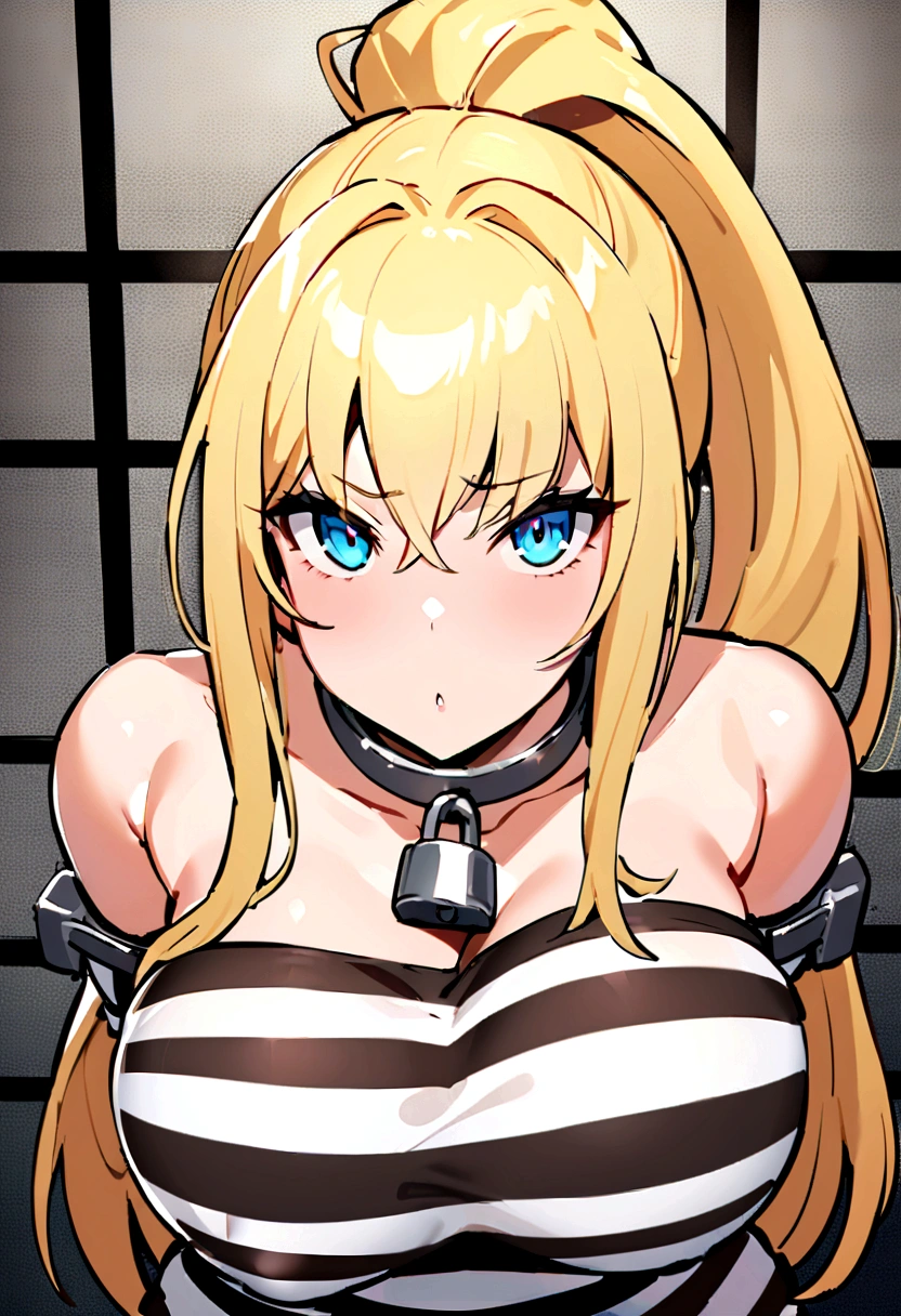 mugshot, view the viewer, Huge breast, prisoner, prison girl, jailed, prisoned, Striped black and white prison jumpsuit, Handcuffed, Restrained, shackle, domina, jail cell, lock, long blonde hair, ponytail, blue eyes