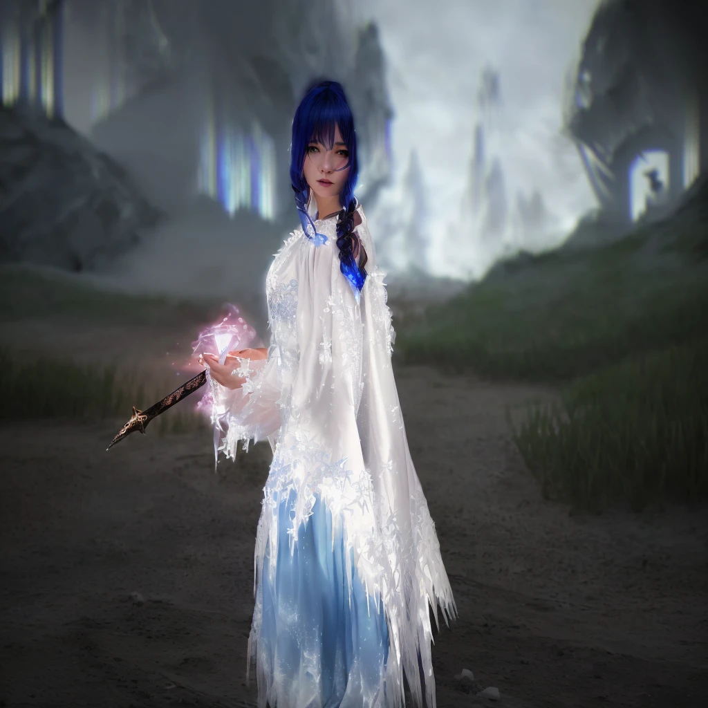 there is a woman dressed in a costume holding a knife, cotton cloud mage robes, dressed like a cleric, ice sorceress, flowing magical robe, cloud mage robes, beautiful ancient frost witch, fantasy outfit, wearing mage robes, ice mage, a sorceress casting a ice ball, spellcasting pose, wearing star filled mage robes, fantasy robe