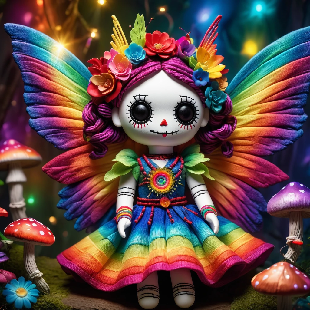 (knitted toy voodoo doll:1.7), (Voodoo Rainbow Fairy:1.8), (Clothing: vibrant dress with rainbow patterns:1.0), (Accessories: sparkling wings, magical wand, glowing amulet:1.2), (Background: enchanted forest with colorful flowers, glowing mushrooms, and sparkling lights:1.2), (full body:1.0), best quality, masterpiece, detailed soft oil painting, detailed background, dramatic cinematic lighting, soft edge lighting, professional, dramatic lighting, hard edge lighting, ultra quality, 4k,masterpiece, best quality, 8k, ultra highres, highres, extremely detailed