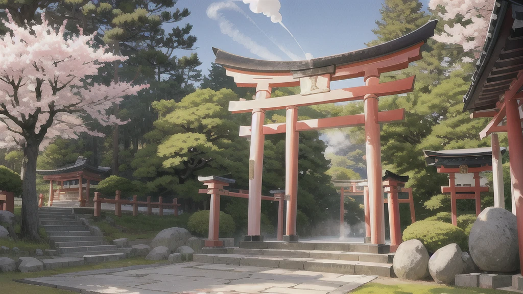 There is an open-air bath behind the shrine. Torii gate, cherry tree, steam, curtain, background only