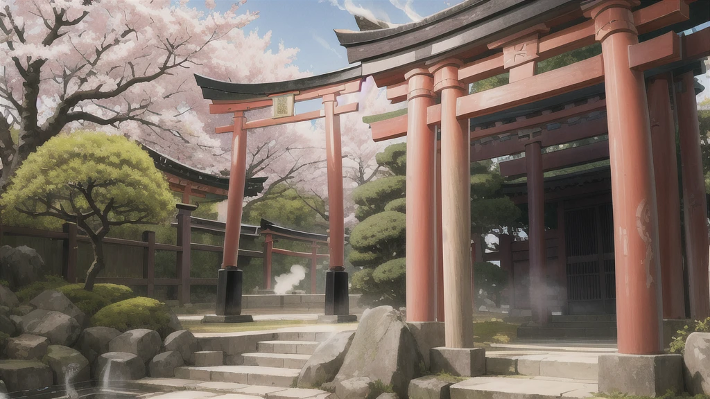There is an open-air bath behind the shrine. Torii gate, cherry tree, steam, curtain, background only