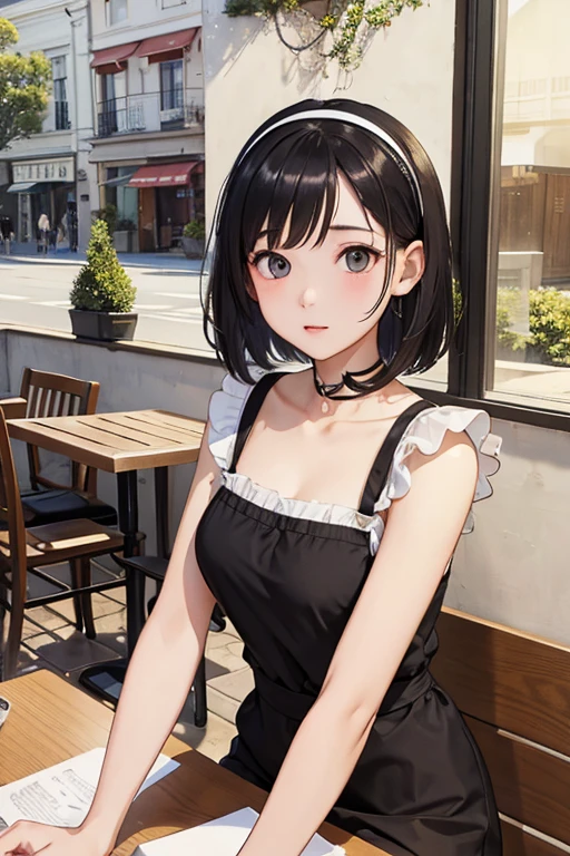 Highest quality、masterpiece、High sensitivity、High resolution、Detailed Description、Slender women、Slim Body、Headband、Short Bob、Cafe Terrace、