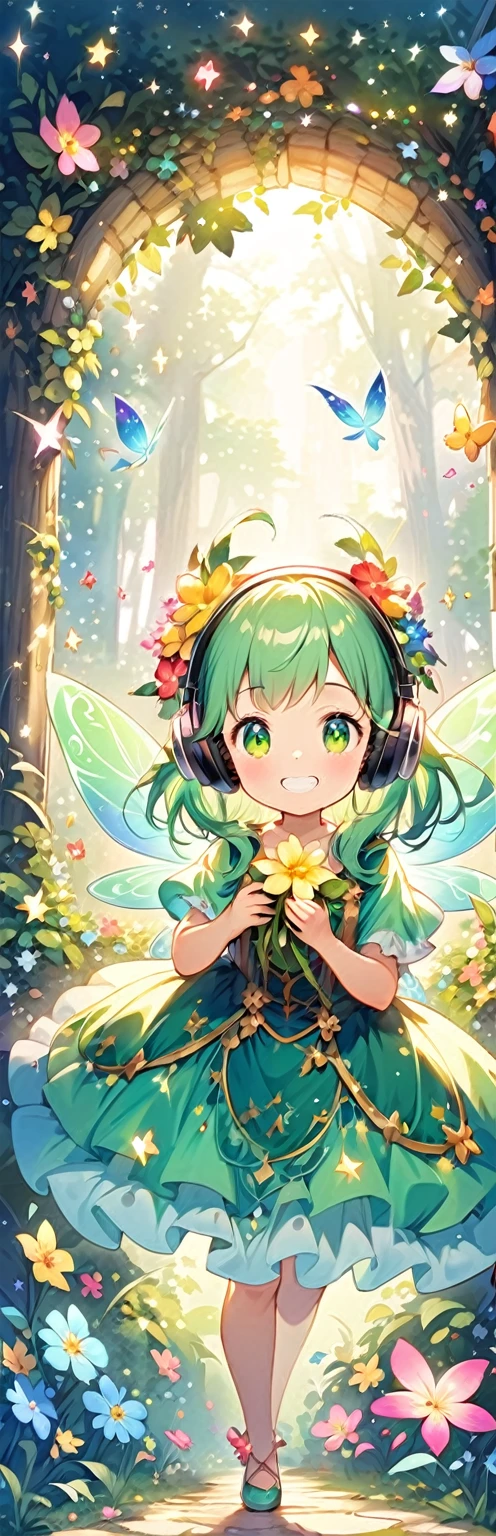 Create an image of a beautiful baby fairy, looking happy and calm, holding a beautiful, shiny, white tooth. Imposing wings, beautiful and detailed. With sparkles. The fairy is with a beautiful flower arch and the fairy is wearing a headphone around her elements of a magical forest and musical notes floating as if they were magical glittering like the mystical creatures of a forest