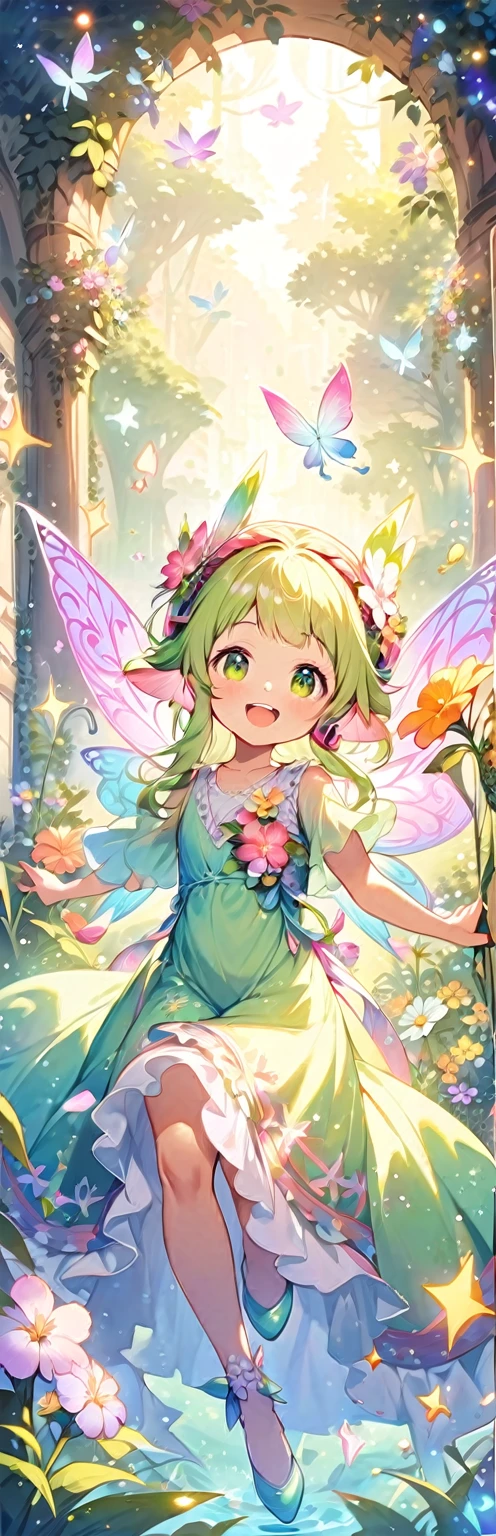 Create an image of a beautiful baby fairy, looking happy and calm, holding a beautiful, shiny, white tooth. Imposing wings, beautiful and detailed. With sparkles. The fairy is with a beautiful flower arch and the fairy is wearing a headphone around her elements of a magical forest and musical notes floating as if they were magical glittering like the mystical creatures of a forest