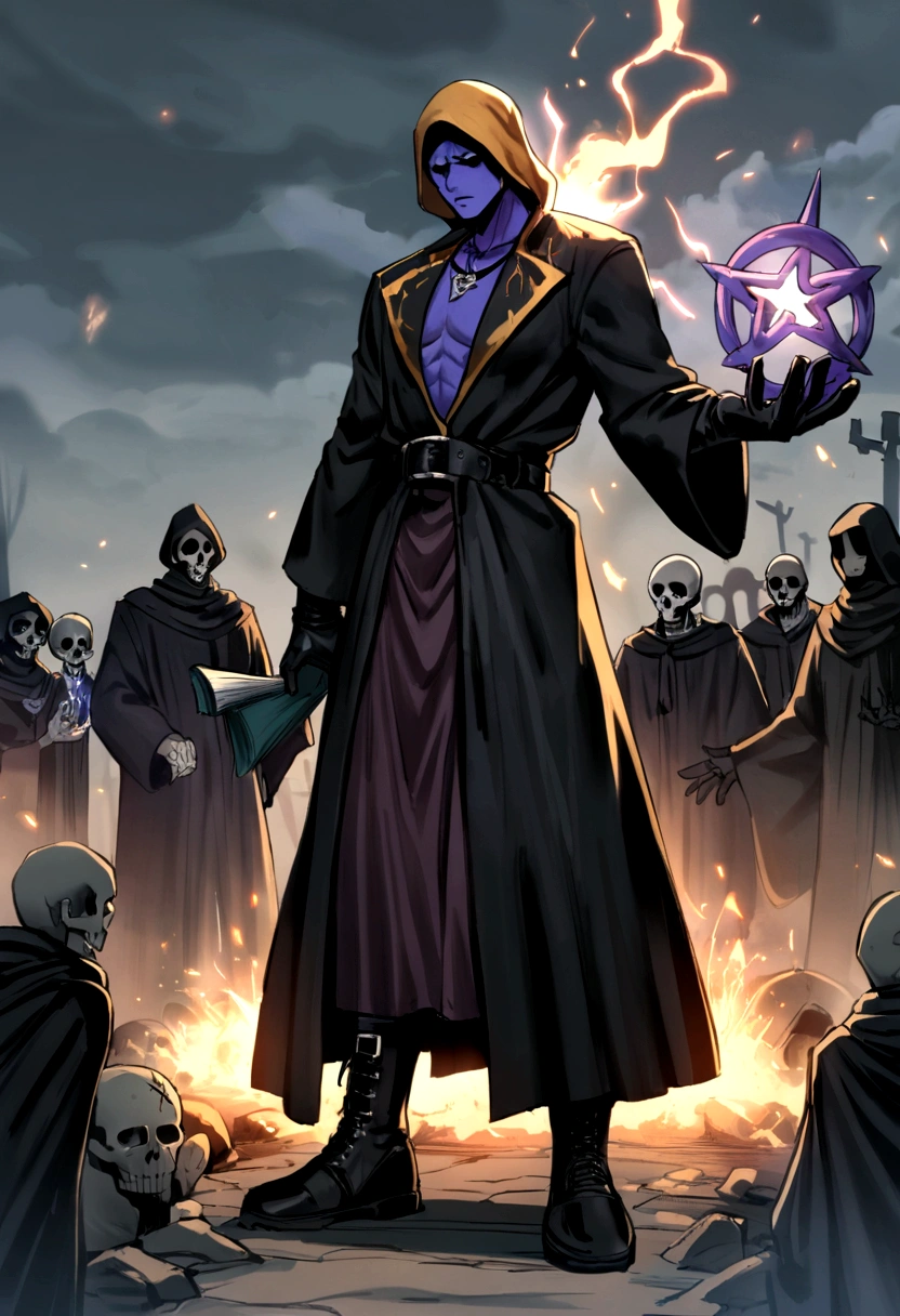 skeletor, sorcerer, No hair, tons, technician, necromancer, pentagram collar on neck, cut scars on face, black cloth clothing, long black coat, black leather gloves, buckled black leather boots, sparks of vital energy around, dusty clothes, stoic expression, neutral expression, cemetery background, holding grimoire.
