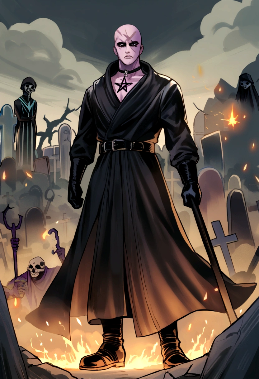 skeletor, sorcerer, No hair, tons, technician, necromancer, pentagram collar on neck, cut scars on face, black cloth clothing, long black coat, black leather gloves, buckled black leather boots, sparks of vital energy around, dusty clothes, stoic expression, neutral expression, cemetery background, holding grimoire.