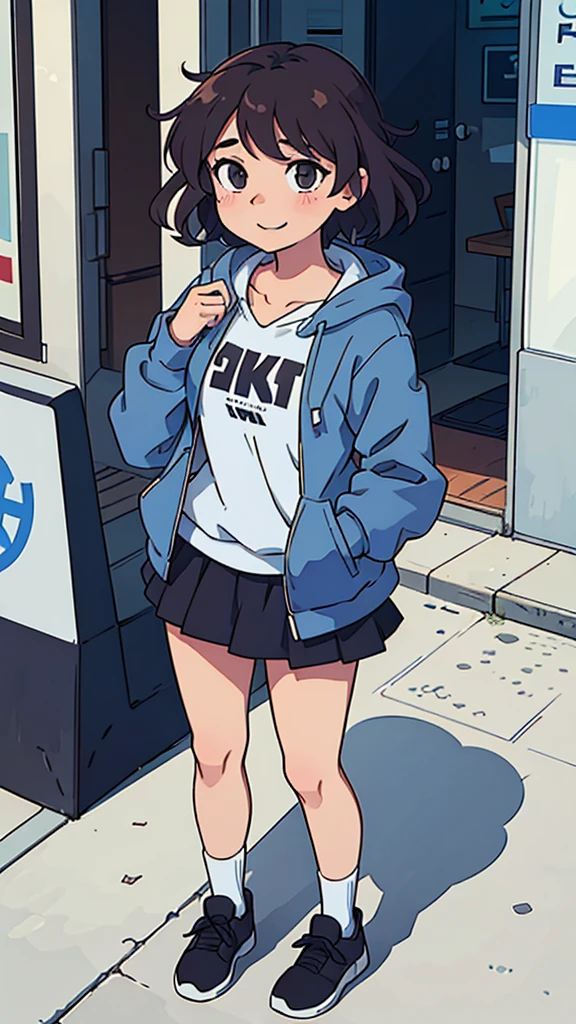 (best quality:0.8) perfect anime illustration, a pretty, happy woman with short curly brown hair on the street in the city, wearing a hoodie, short skirt, slightly large breast