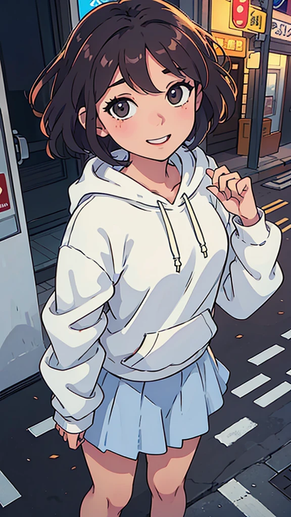 (best quality:0.8) perfect anime illustration, a pretty, happy woman with short curly brown hair on the street in the city, wearing a hoodie, skirt