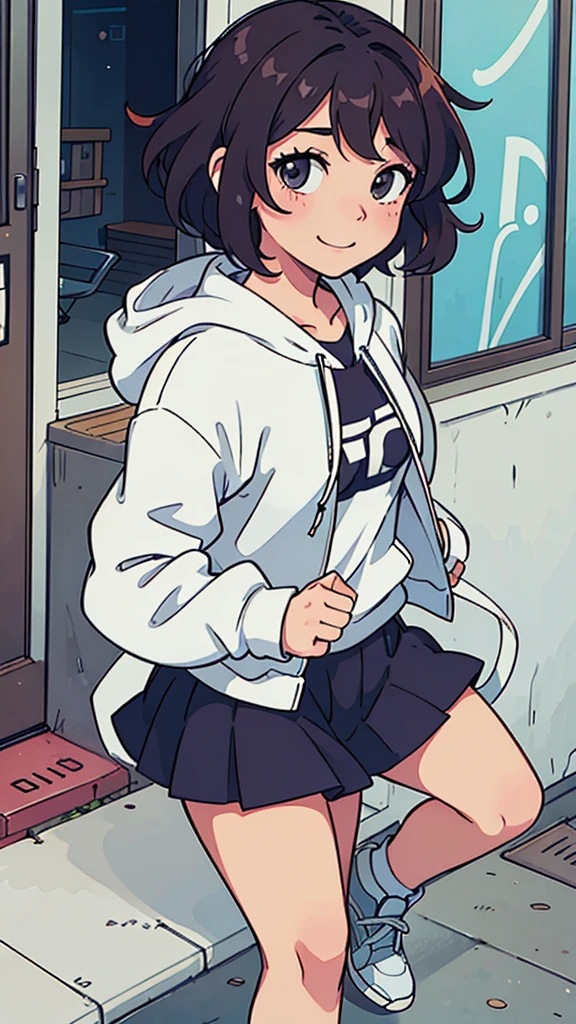 (best quality:0.8) perfect anime illustration, a pretty, happy woman with short curly brown hair on the street in the city, wearing a hoodie, skirt