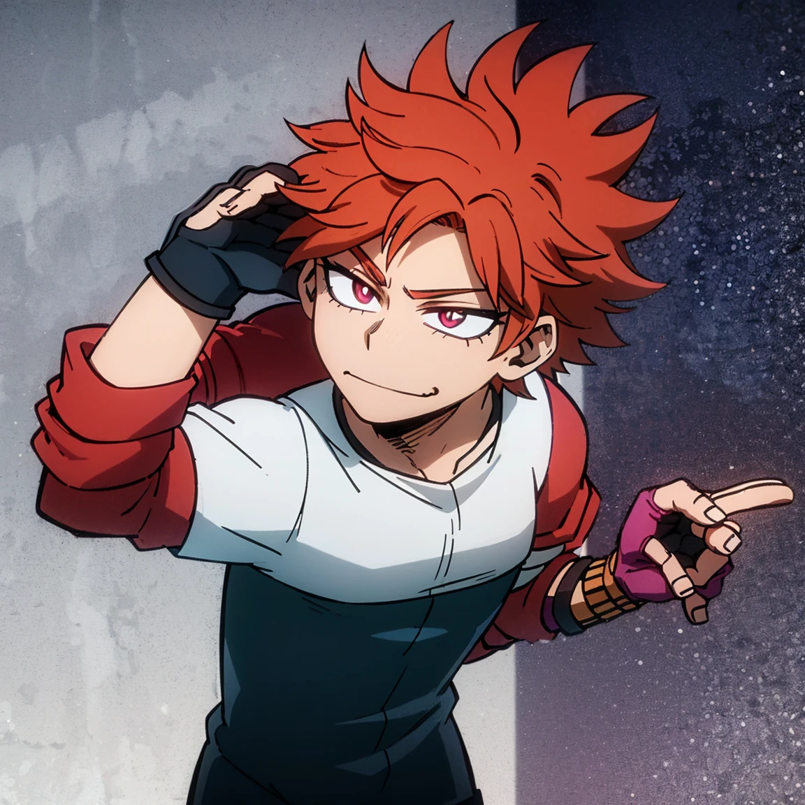 1boy, male focus, solo, muscular body, short hair, curly hair, red hair, golden streaks, magenta eyes, smirk, gray jacket, red tie, white shirt, teal pants, mlpsonata, MHA Style, Manhwa style, anime style, perfect eyes, perfect face, model face, boy