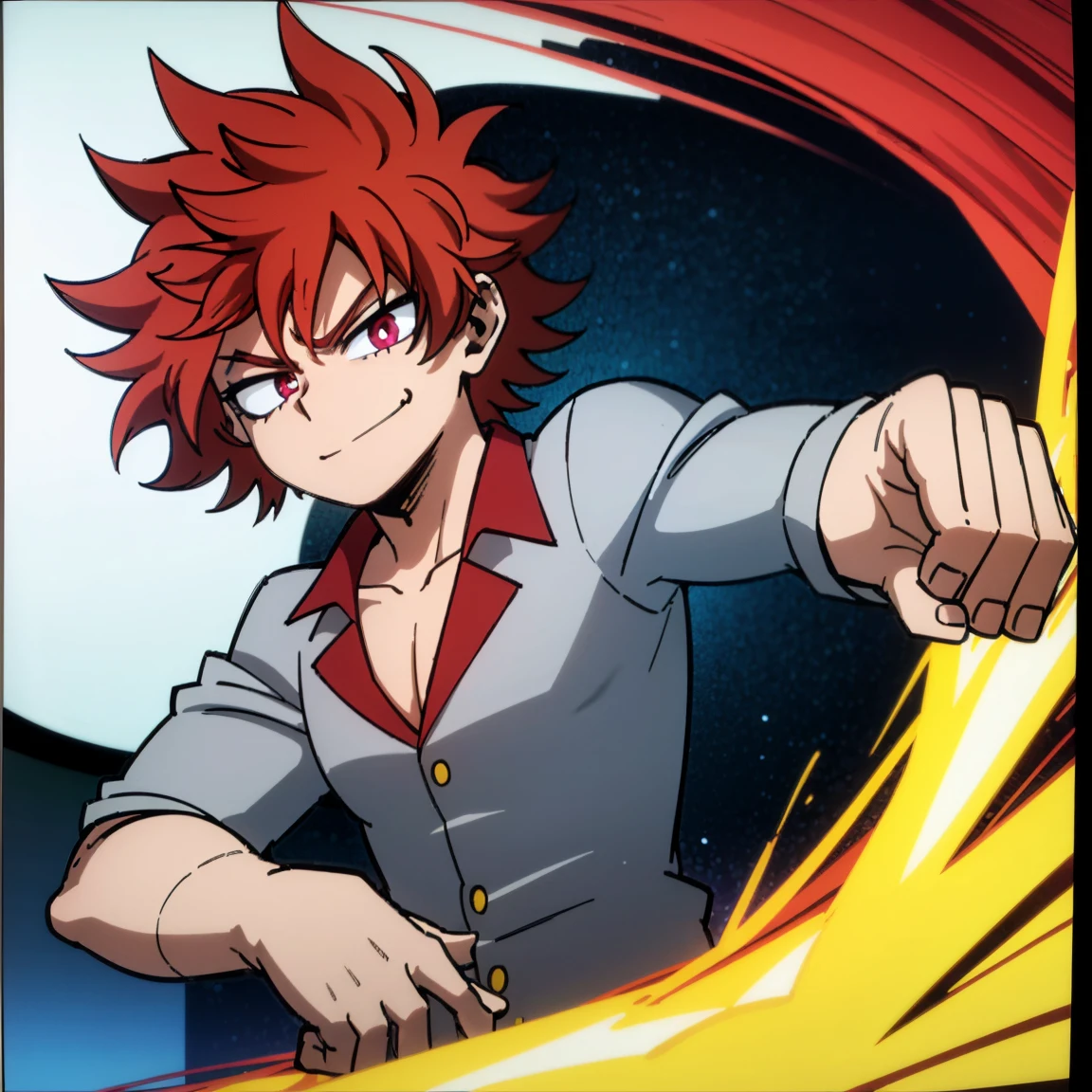 1boy, male focus, solo, muscular body, short hair, curly hair, red hair, golden streaks, magenta eyes, smirk, gray jacket, red tie, white shirt, teal pants, mlpsonata, MHA Style, Manhwa style, anime style, perfect eyes, perfect face, model face, boy