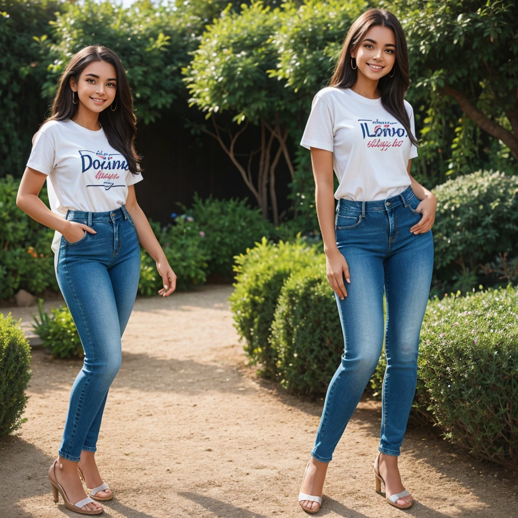 a girl with t-shirt and jeans pant , standing in garden, beautiful and cute smile , bold and glamour influencer