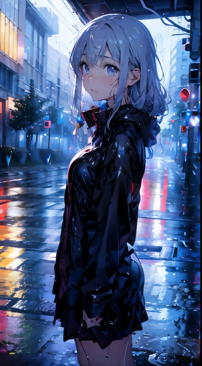 ( Highest quality,4K,8K,High resolution,masterpiece:1.2),Super detailed,(Realistic,photoRealistic,photo-Realistic:1.37),rainy scene,stress,Outdoor,Gloomy atmosphere,Realistic droplets on the face,Soaked clothes,Dark colors,despair,Devastation,Lonely,Lost in Thought,Emotional,Wet roads,Apply mascara to your face,Tears ran down my cheeks.,Rain-soaked hair,Water dripping from hair,Shrug,Visible sadness,Pouring rain,thunderstorm,Severe Weather,Tragic,Deep sorrow,heartache,negative emotion,despairing expression,Cold and wet,pale,Heavy rain,Wet pavement,Tears fall rapidly,Lonely,Devastation,Silver Hair