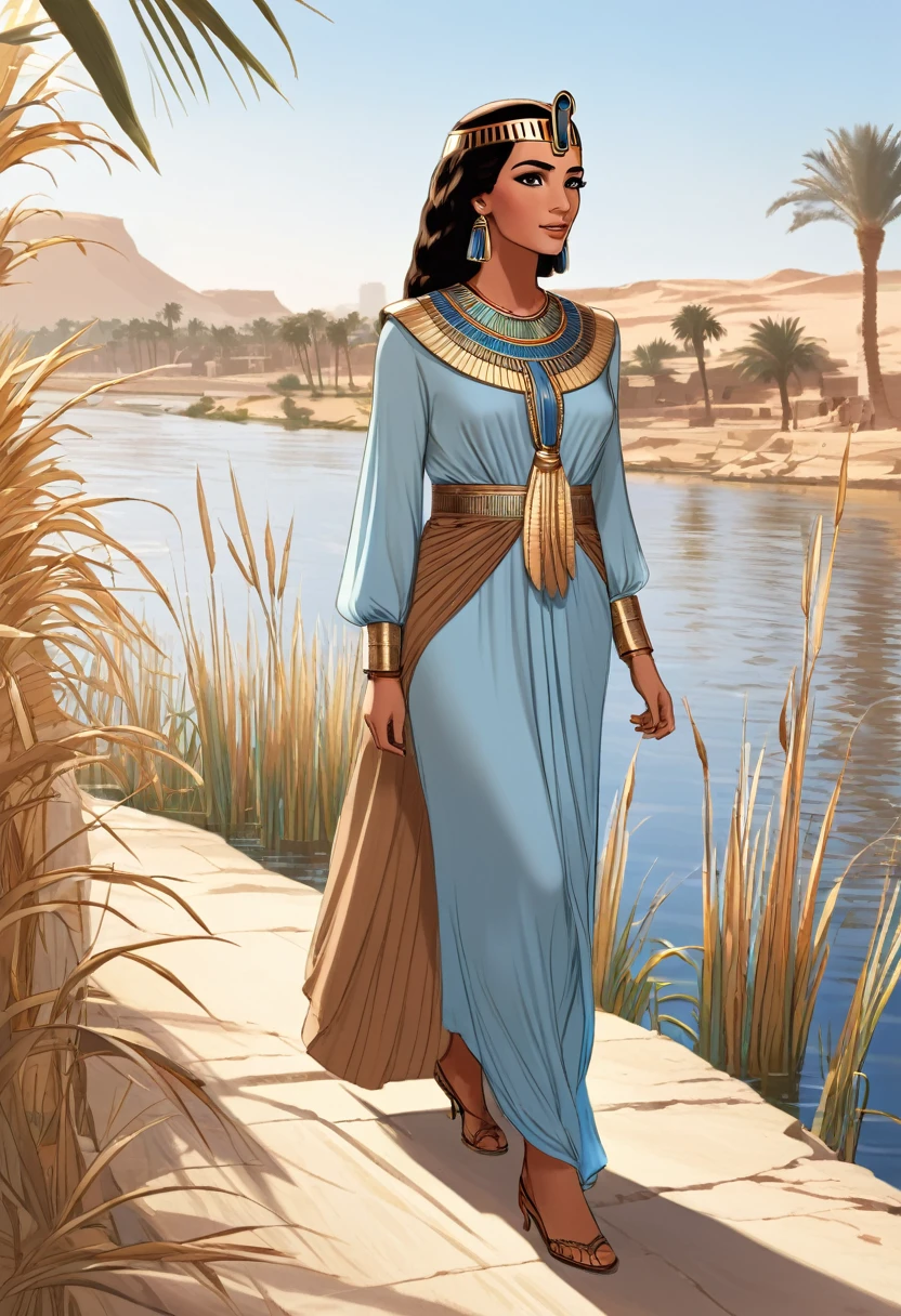 An Egyptian princess from anciant egypt, walking beside the Nile River, her skin color is brown, a modest long-sleeve dress, light blue dress, many reeds
