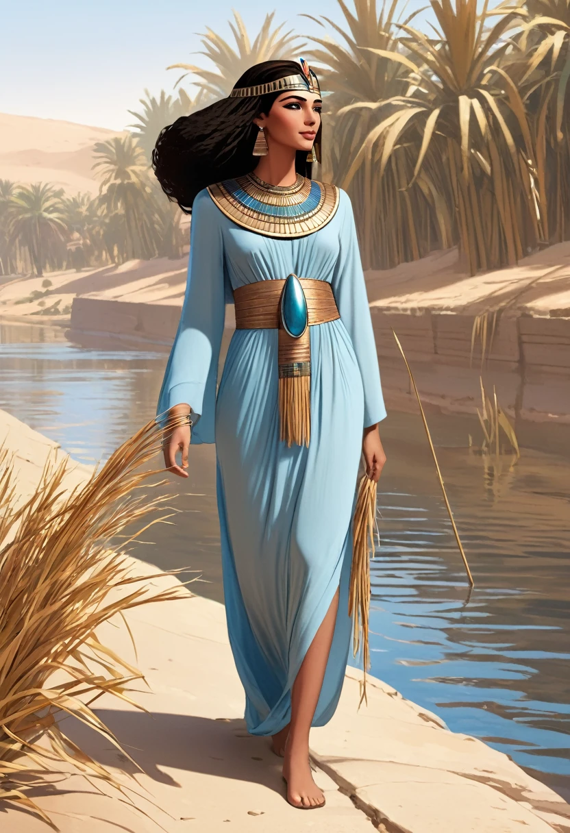 An Egyptian princess from anciant egypt, walking beside the Nile River, her skin color is brown, a modest long-sleeve dress, light blue dress, many reeds
