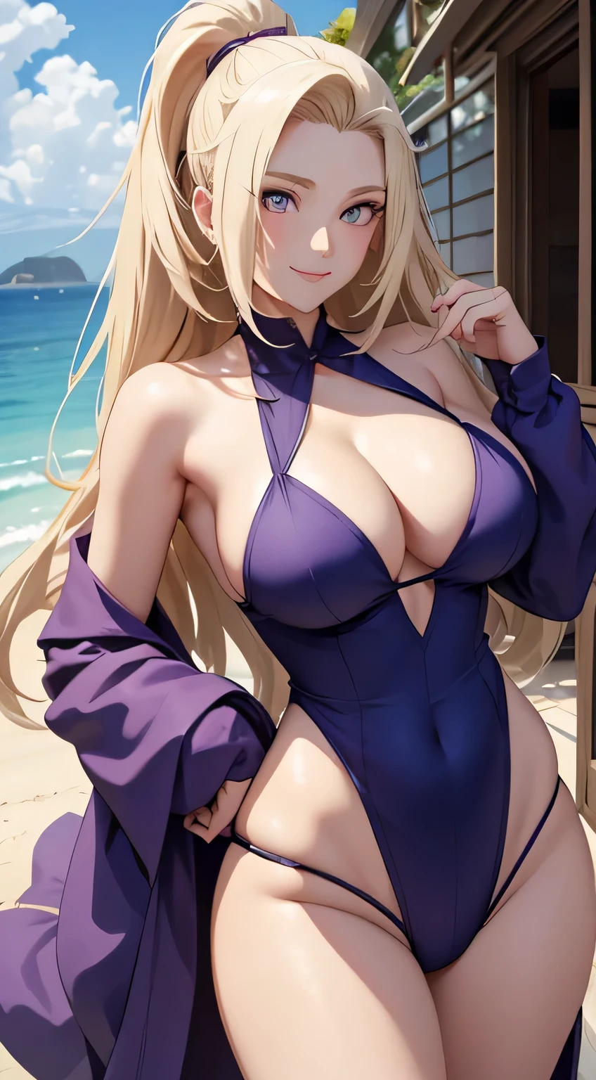 （tmasterpiece：1.blonde elo，green shelter, purple eyes，smile，huge and slightly fat breasts with a red face，Best Quality，He is very detailed，bust photo,  Get closer to the lens，SFV，delicate and beautiful face，Beach on the sea，groin, thigh cleavage, Sun rays，baiyun，flying birds, 14k, 1080p, High Detail