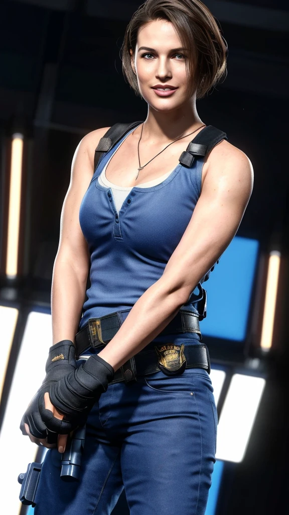 Jill Valentine, portraite, smiling, awardwinning, looking to see (8K, CRU photo, best qualityer, work of art:1.2),ultra detali, (highly detailed skin:1.2), 8K uhd, dslr, soft lighting, high qualiy, 