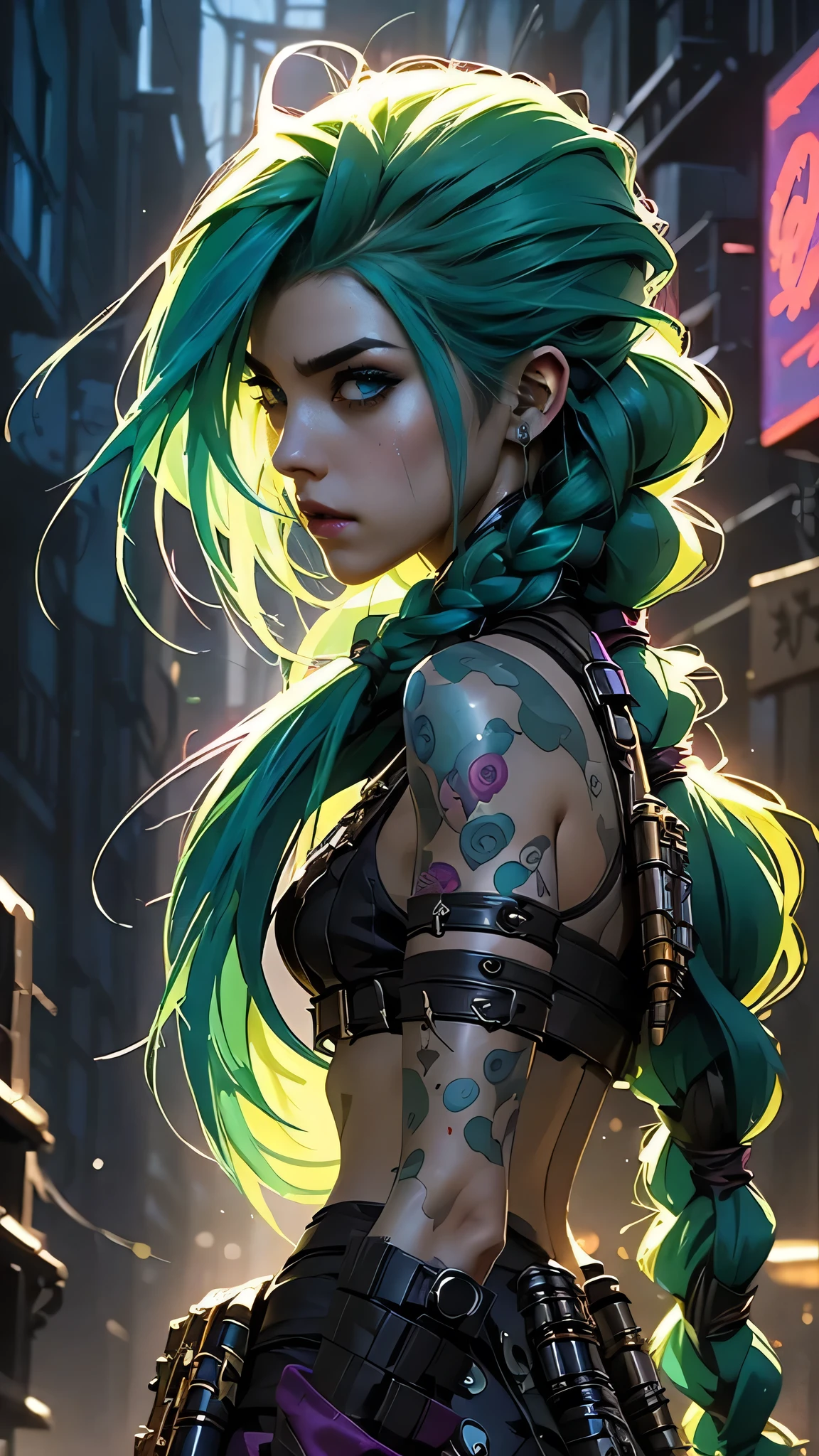 beautiful girl elf. with very short urban style clothes, long green hair, with a jealous face.