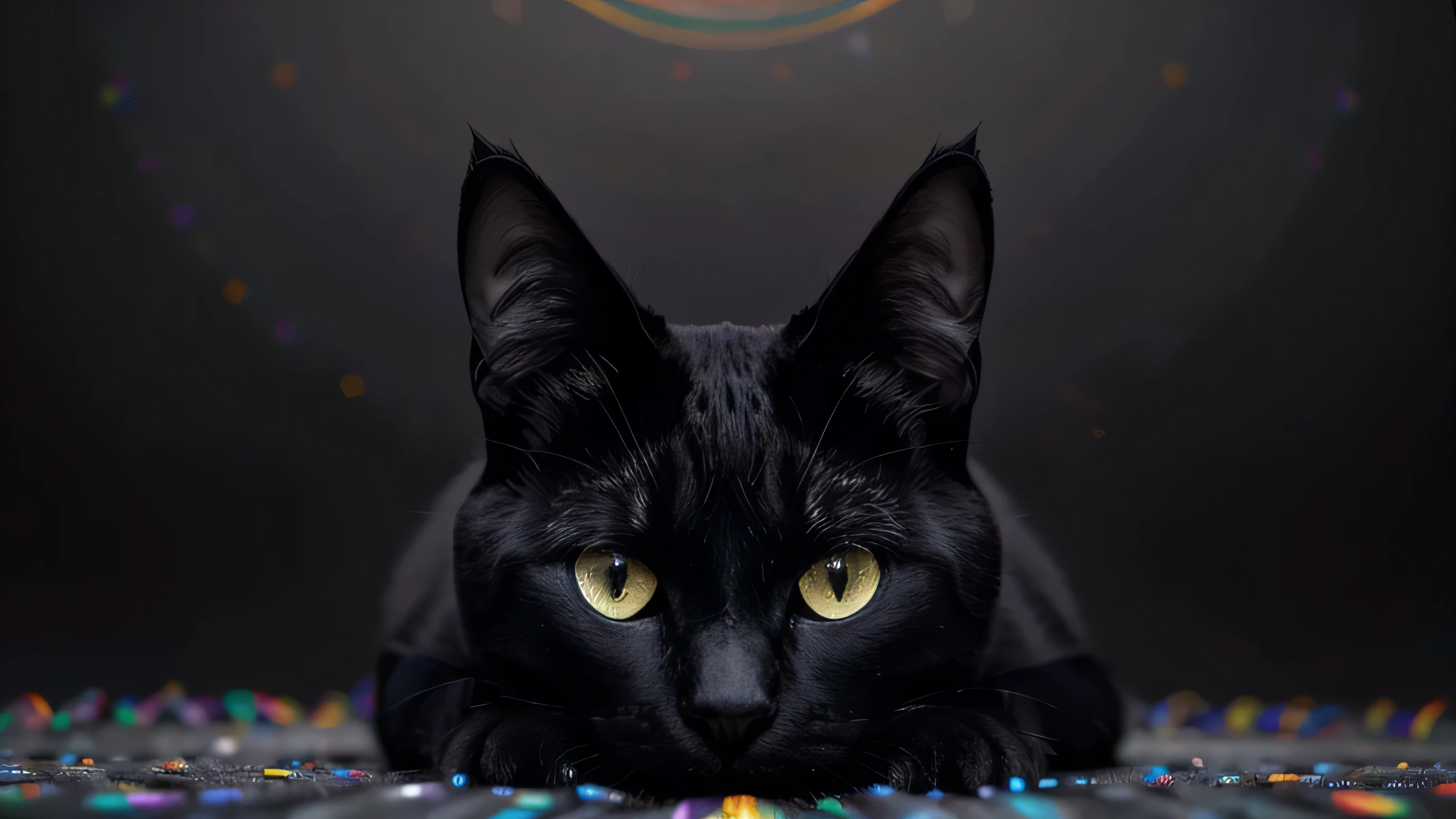 A surreal black and white cat resides within the vibrant, kaleidoscopic landscape of Rainbow Land. The cat, with its sleek, glossy coat, exhibits a contrast against the colorful environment. Its eyes, filled with curiosity, shine brightly as if reflecting the rainbow hues around. The background is a blend of different shades, each representing a color from the rainbow spectrum, creating a dreamy, otherworldly ambience. This high-definition image, rendered in 8K, showcases intricate details such as the cat's solid black form, the smoothness of its fur, and the contrast between its monochrome body and the multicolored backdrop