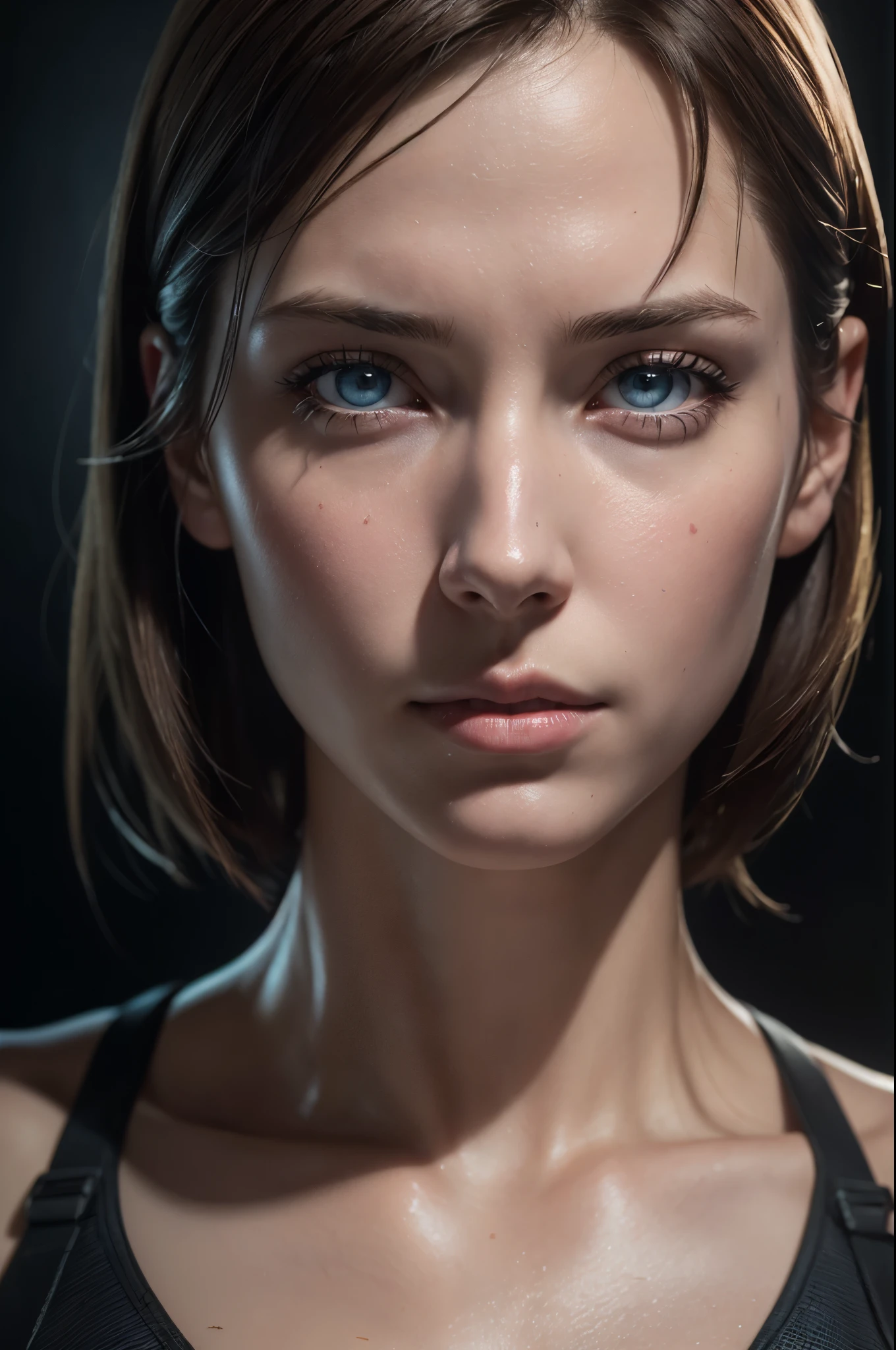 ((Jill Valentine) ), (8k, RAW photo, best quality, master:1.2) , (realistic, photorealistic:1.37) , ultra-detailed, (highly detailed skin:1.2) , 8k uhd, dslr, soft light, high quality, film grain, Fujifilm XT3, professional lighting, photon mapping, radiosity, physically based rendering ((Julia Voth)), long light brown hair, well dressed, perfect face, concept art, detailed face and body, award-winning photography , detailed face, backlight, surrealism, ray tracing, intense gaze, looking at viewer, film lights, embers, fantasy, action pose, spray, fog, RAW photo, 8k hdr