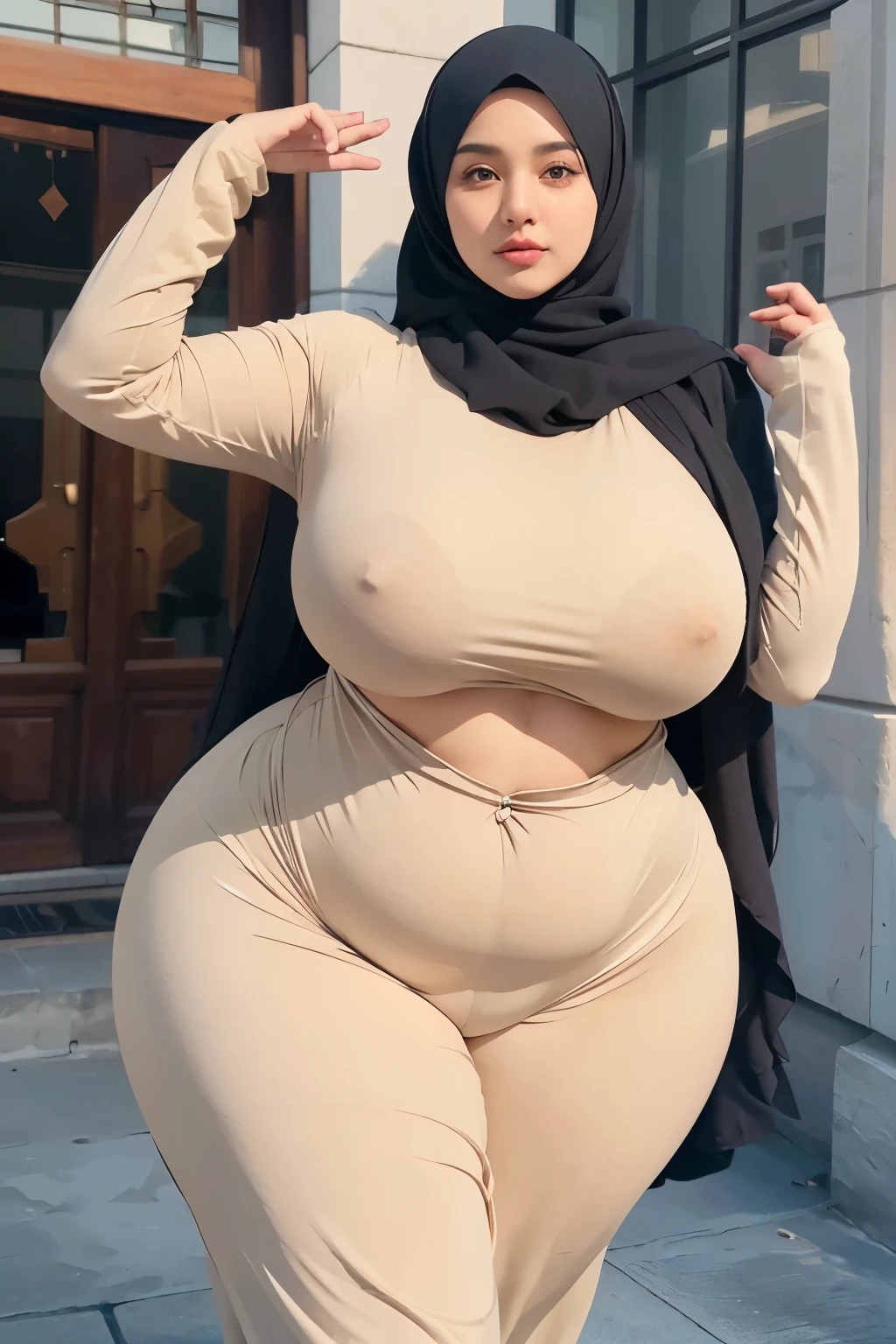a woman in a hijab poses for a picture, thicc, thick body, wide hips, widest hips, she has a jiggly fat round belly, thick thigs, large thighs, beautiful thick female, thick thighs, thick, curvy hourglass figure, hyperrealistic full figure, wide full body, curvy body, curvy figure, large hips