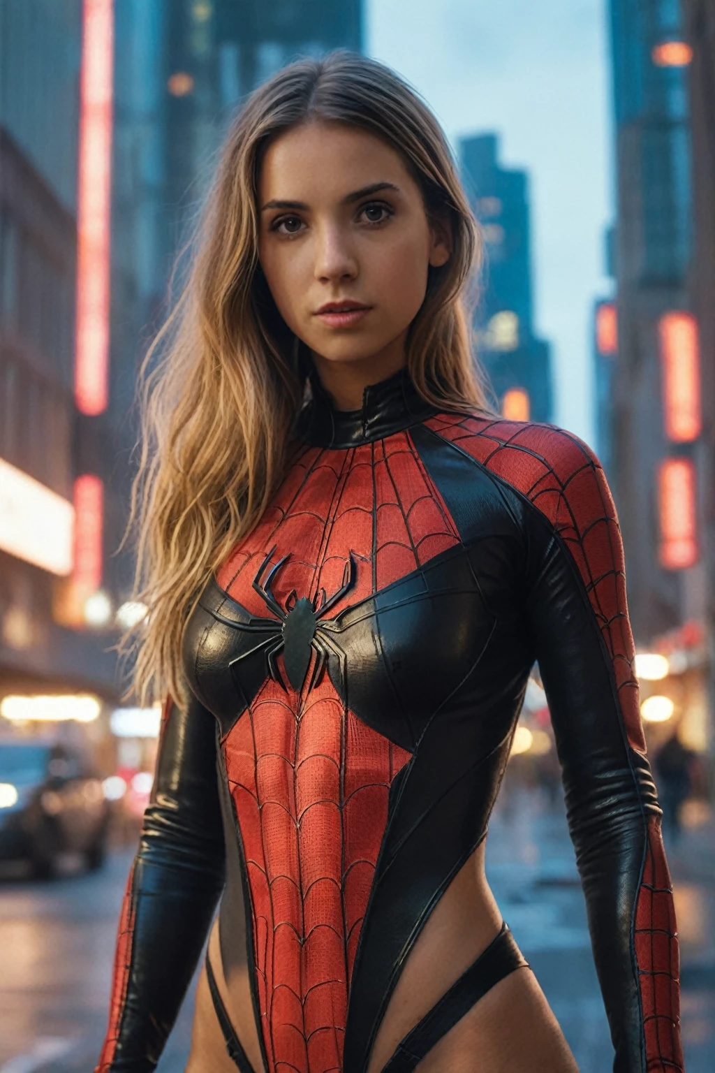 一名身穿spider侠套装的女子在城市中摆姿势的close up镜头, ( ( spider!!, sydney sweeney, lara croft as spider女, Medium and short distance ( Microcontroller ), Miracle Style, Emma Watson as, Portraits, Marvel style, close up, Nod