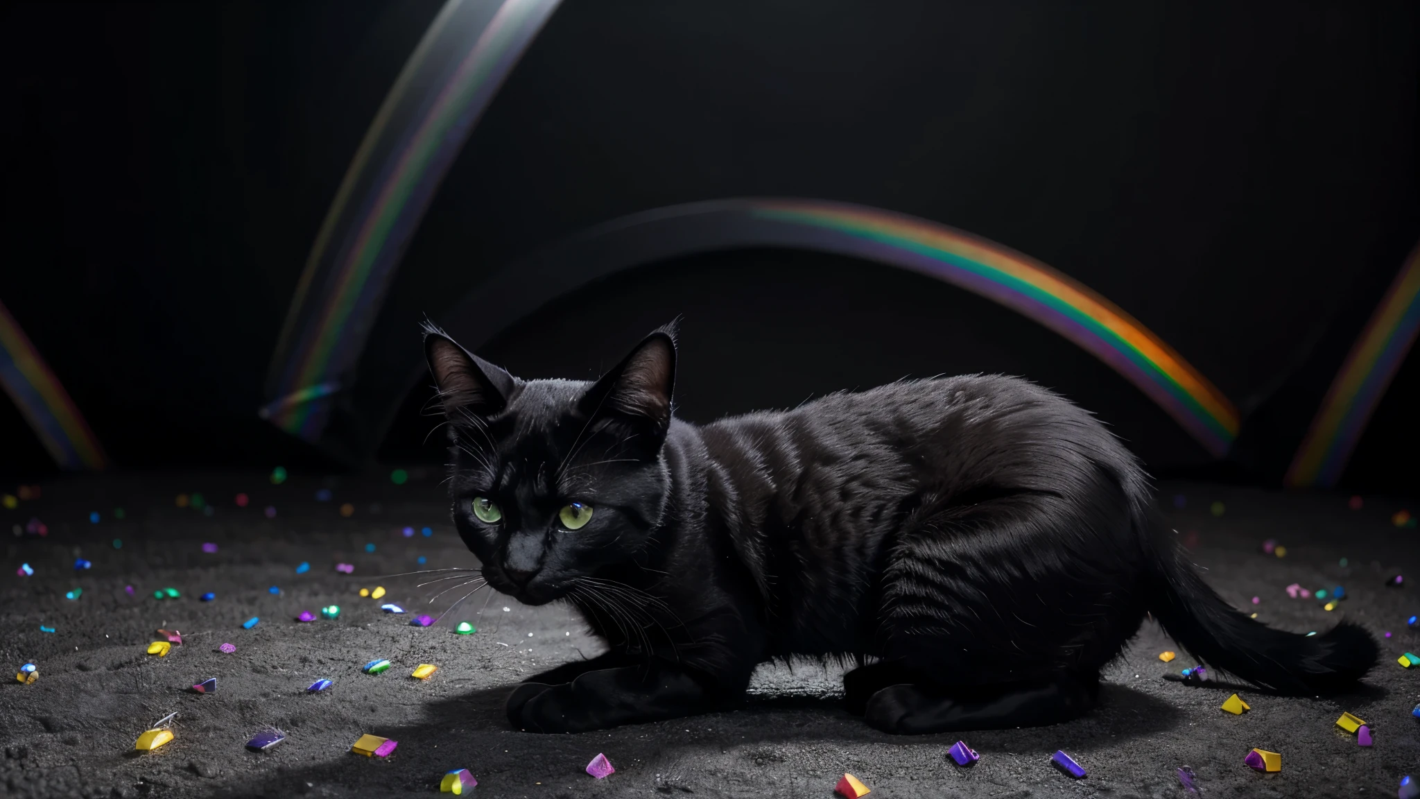 A surreal black and white cat resides within the vibrant, kaleidoscopic landscape of Rainbow Land. The cat, with its sleek, glossy coat, exhibits a contrast against the colorful environment. Its eyes, filled with curiosity, shine brightly as if reflecting the rainbow hues around. The background is a blend of different shades, each representing a color from the rainbow spectrum, creating a dreamy, otherworldly ambience. This high-definition image, rendered in 8K, showcases intricate details such as the cat's solid black form, the smoothness of its fur, and the contrast between its monochrome body and the multicolored backdrop