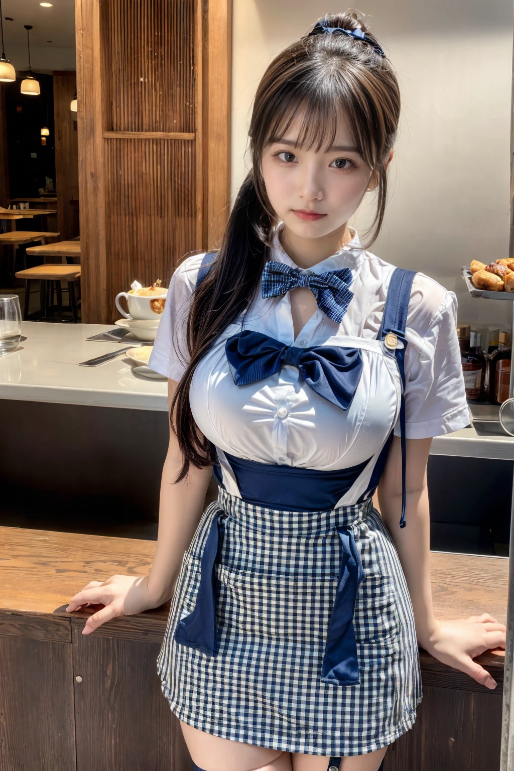 (8K, RAW Photos, Highest quality, masterpiece:1.2), masterpiece, super detailed, super high quality, (Realistic and photorealistic photography:1. 37), High-resolution RAW color photos, Very delicate and beautiful, highly detailed, 8k wallpaper, wonderful, detailed, Very eye, very detailed, very detailed skin, very thin fingers, very detailed nose, very detailed mouth, Perfect Anatomy, BREAK,18 year old girl, (low ponytail:1.3), Dark makeup, Big Natural Color Lip, (double-breasted,underbust:1.2), (Plumpy body:1.2), (smooth skin:1.1), dynamic pose, (breasts:1.2), BREAK, (gingham-check suspender-apron:1.3), (solid-blue high-waist skirt:1.3), (apron over skirt:1.2), (white blouse:1.3), short sleeves, button gap, (solid-blue bow-tie:1.2 BREAK, cafe, restaurant,